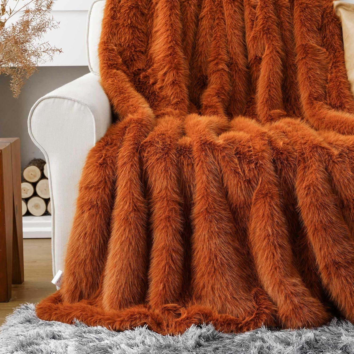 Orange Faux Fur and Velvet Throw Blanket, 50"x60"