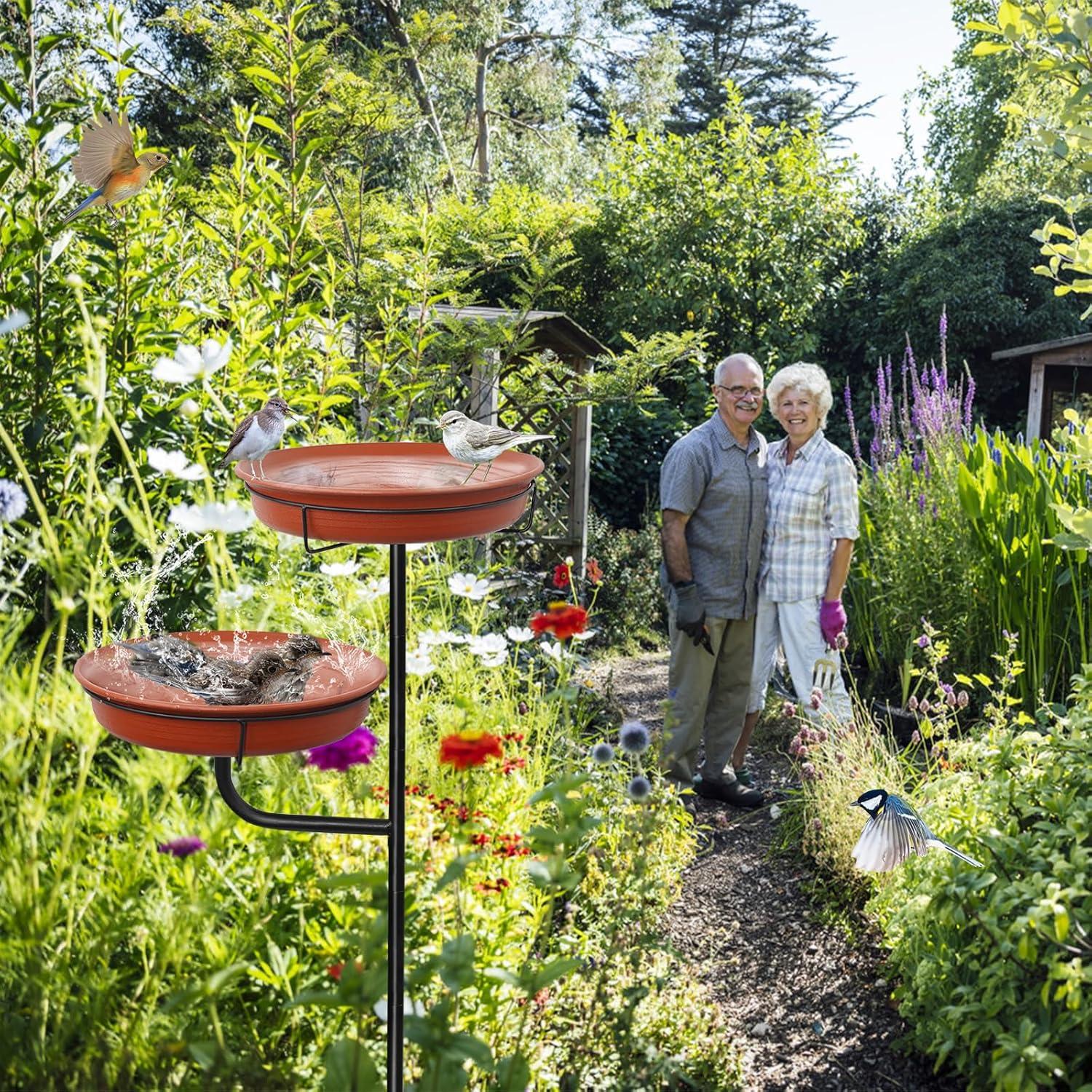 Freestanding Birdbaths Bowl Outdoor, Free Standing Garden Bird Bath Bird Feeder Bowl with Metal Stake, Detachable Decoration Spa Birdfeeder for Garden Patio Yard Lawn, 4 Spiky Feet (Brown)