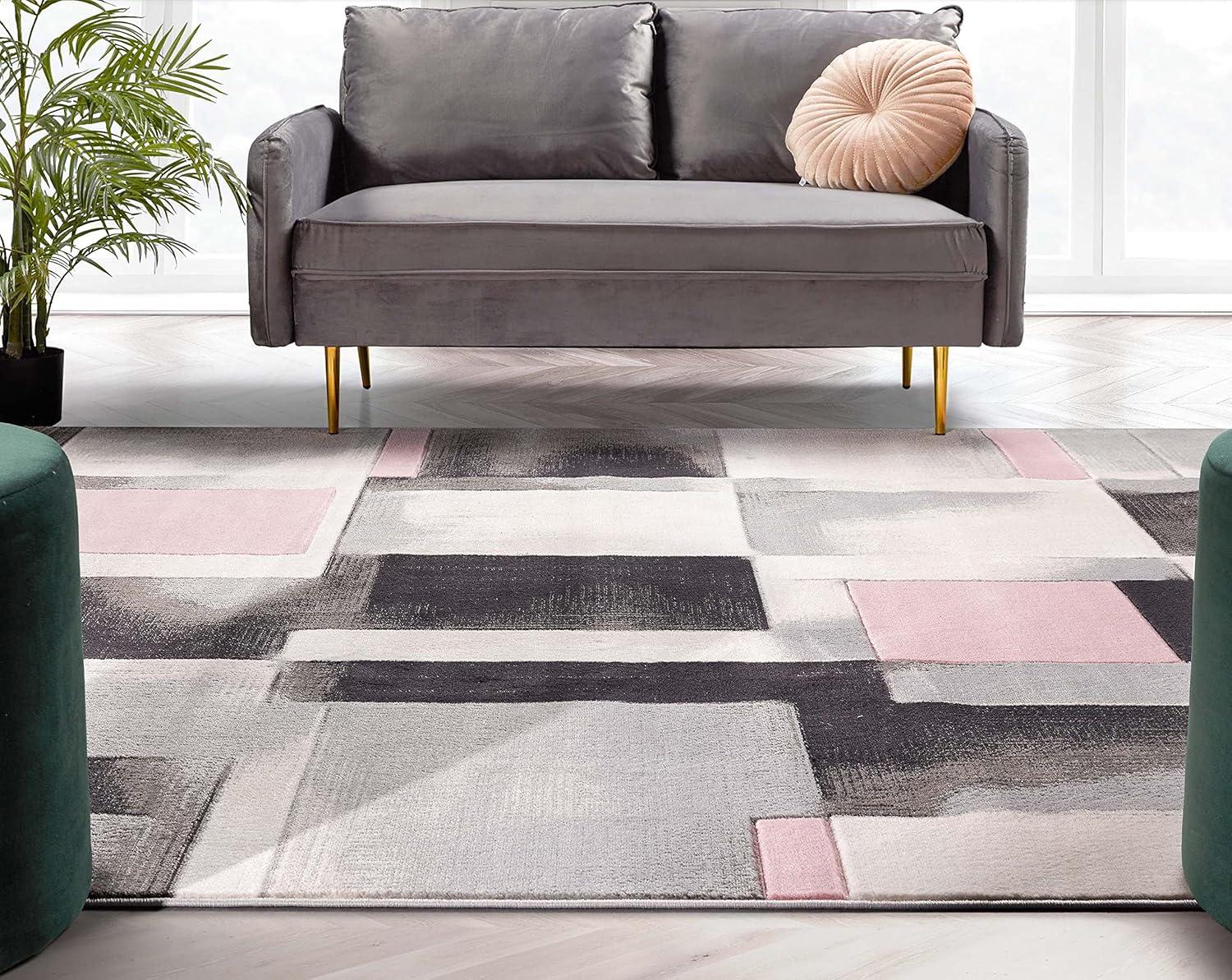 Blush Pink and Black Geometric Rectangular Area Rug 5' x 7'