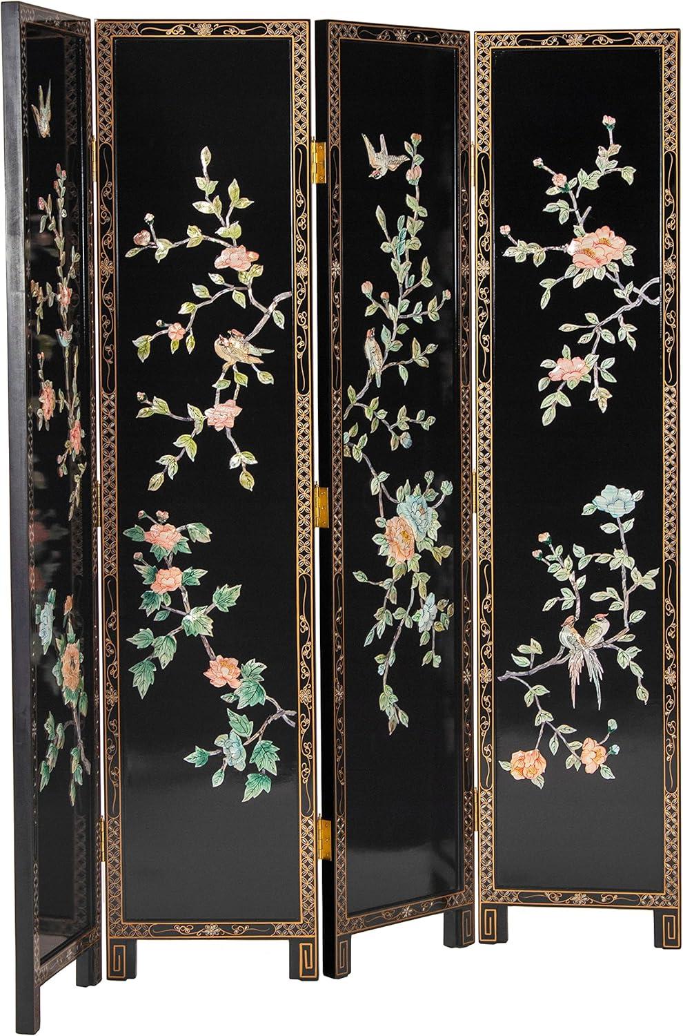 Oriental Furniture 6 ft. Tall Lacquer Birds and Flowers Room Divider - 4 Panel