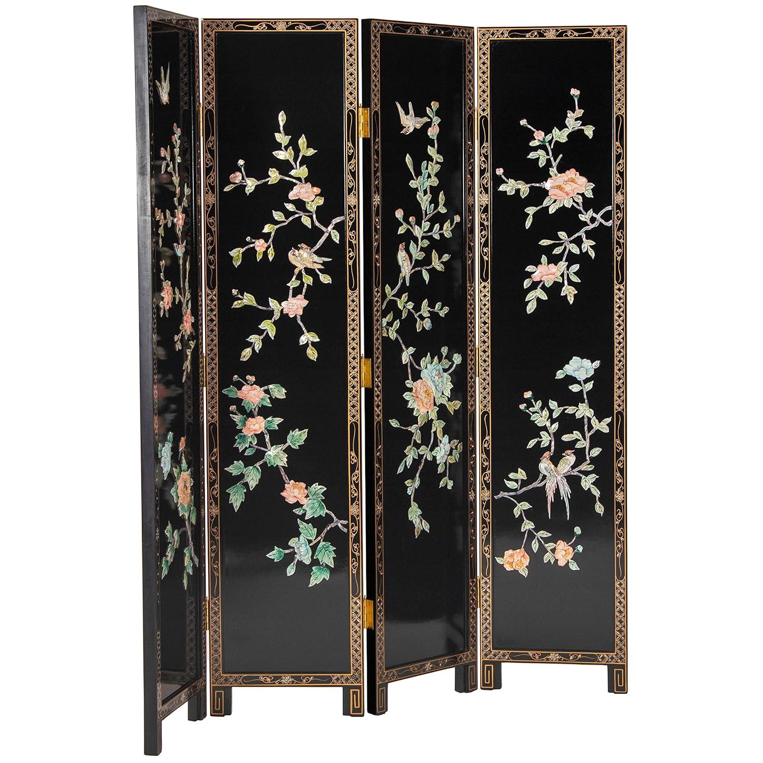 Oriental Furniture 6 ft. Tall Lacquer Birds and Flowers Room Divider - 4 Panel