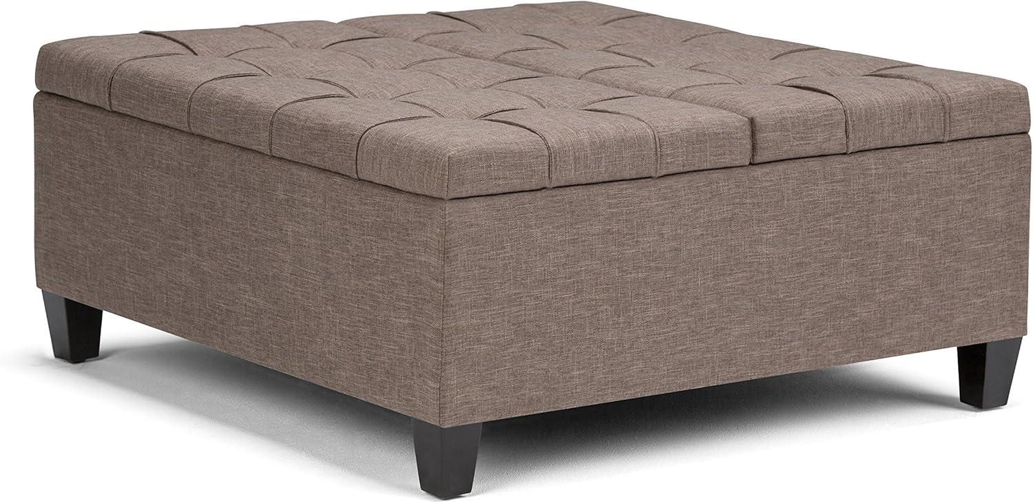 Simpli Home Harrison 36 inch Wide Transitional Square Coffee Table Storage Ottoman in Fawn Brown Linen Look Fabric