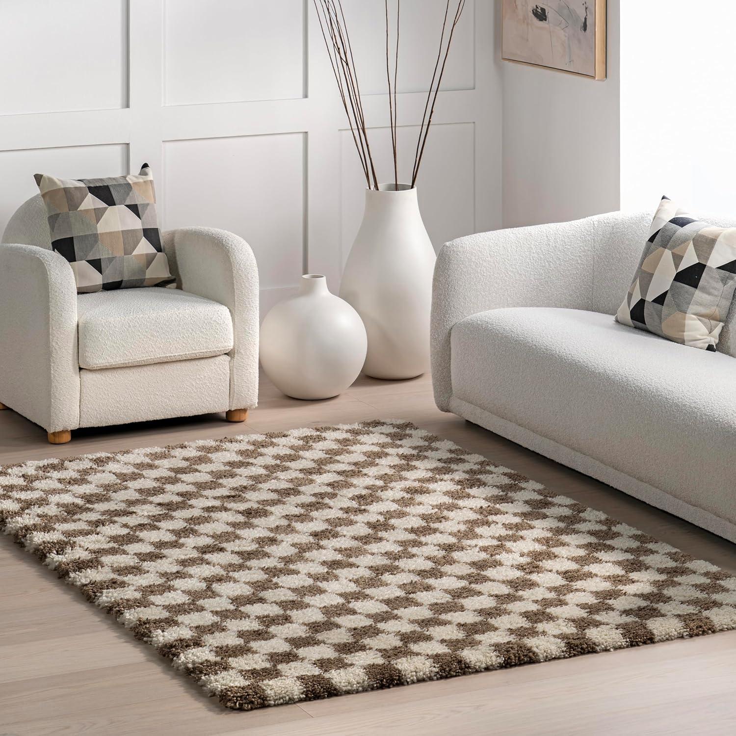 Beige Checkered 4' x 6' Synthetic Shag Area Rug