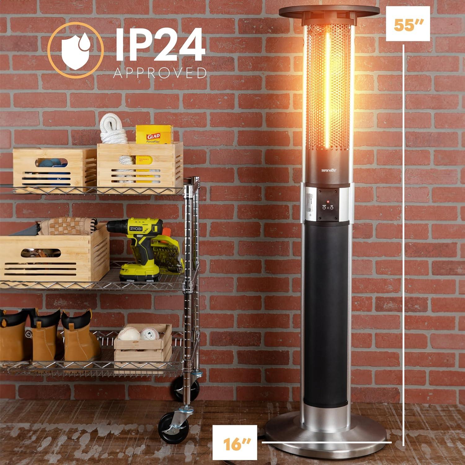 SereneLife 1500W Infrared Patio Heater, Electric, Indoor/Outdoor, Portable Tower, Remote Control, Black (SLOHT44)