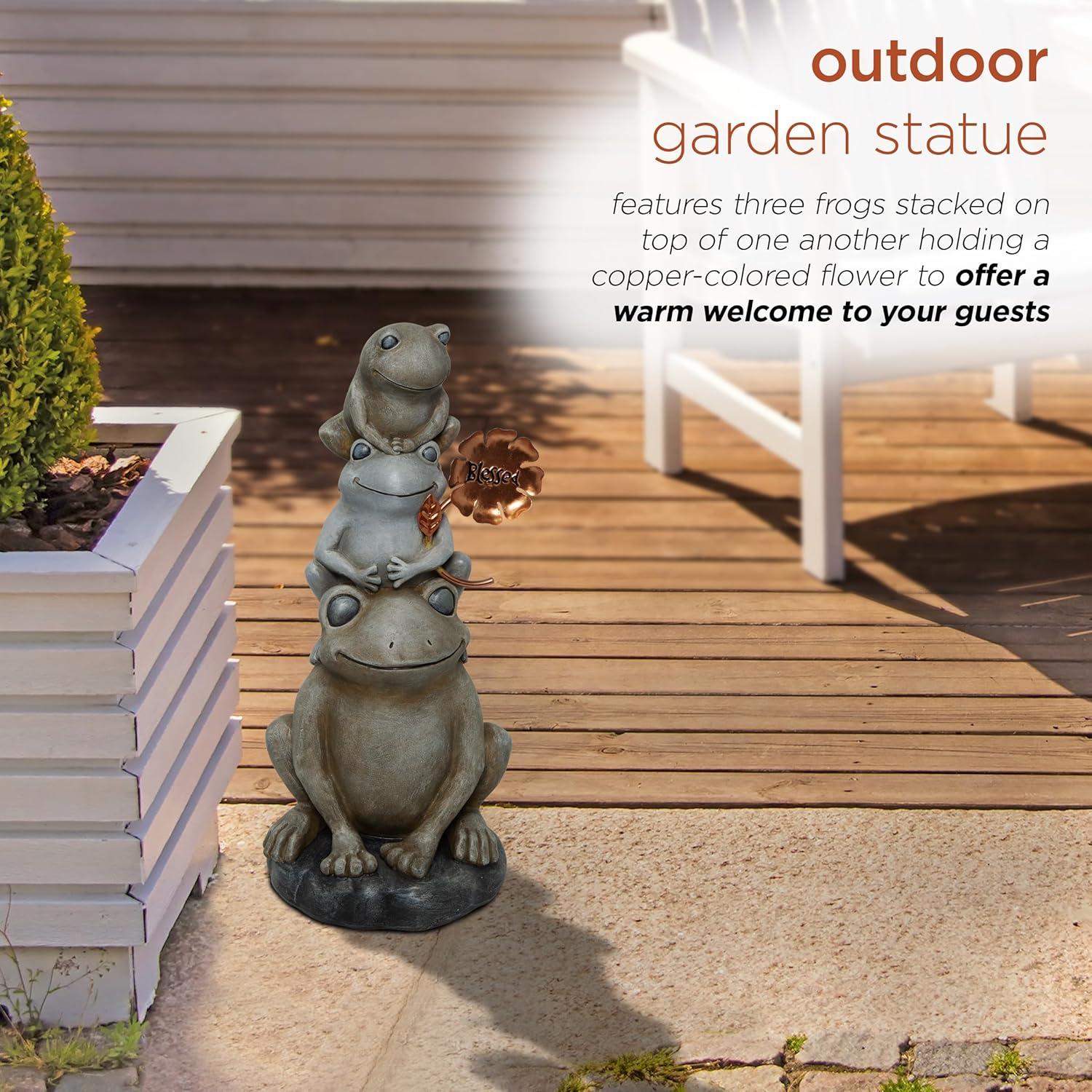 18" Polyresin Stacked Frogs with Flower Indoor/Outdoor Decorative Garden Statue Heathered Gray/Olive Green - Alpine Corporation