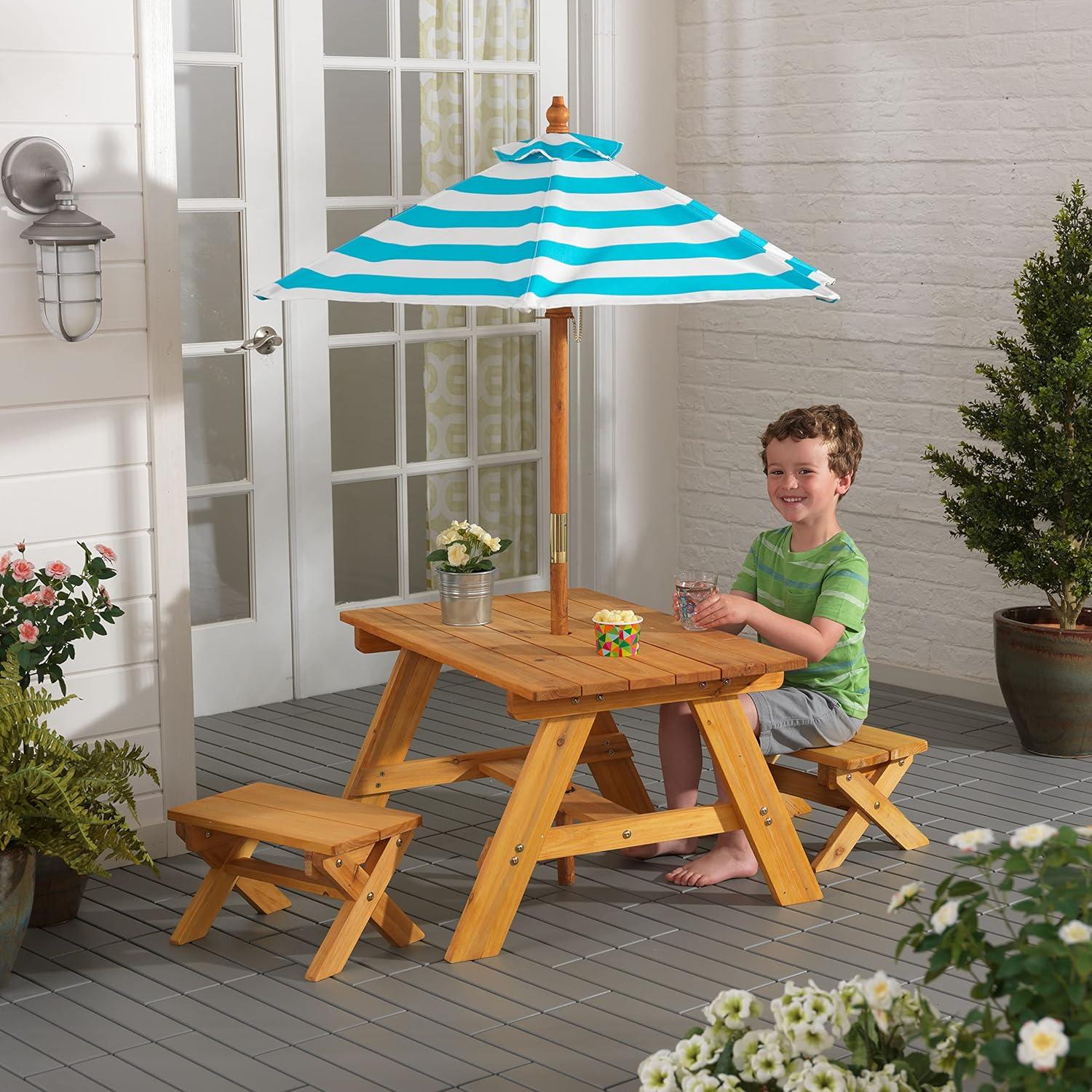 KidKraft Outdoor Wooden Table & Bench Set, Striped Umbrella, Turquoise and White