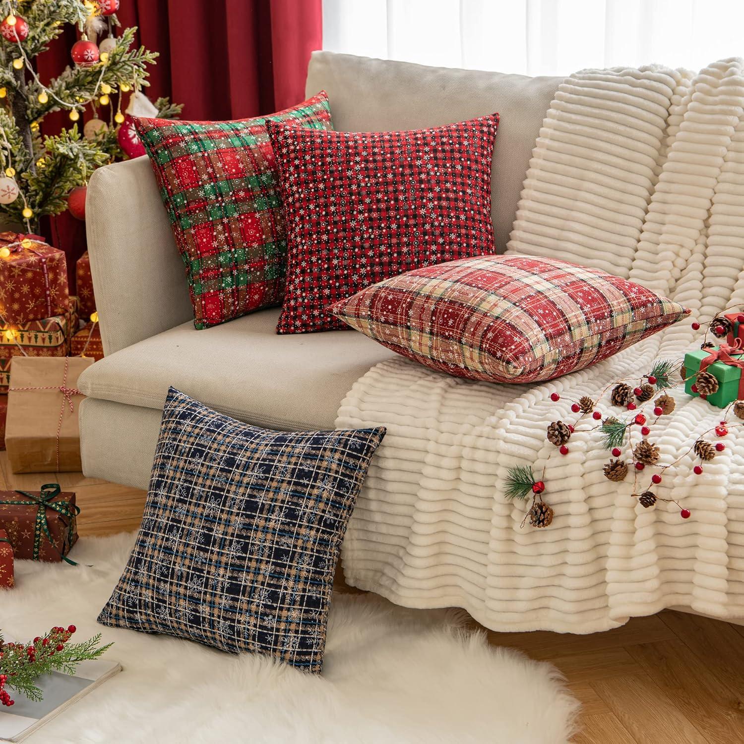 Red and Beige Tartan Plaid Snowflake 18" Polyester Euro Pillow Covers