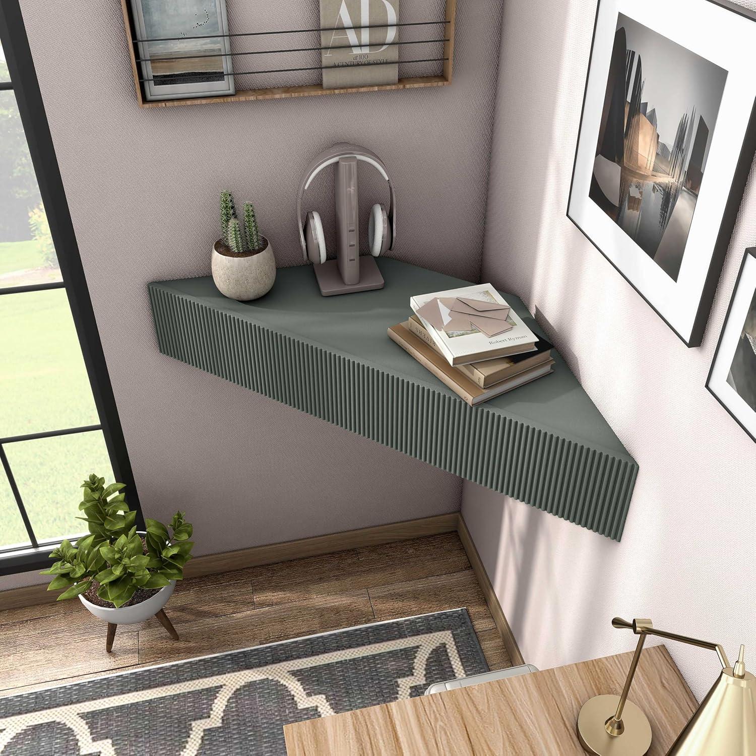 Denhour DH BASIC Transitional 47-inch 3-Shelf Corner Floating TV Stand by  3D Wavy Panel Door - Sage Green Weathered,N/A