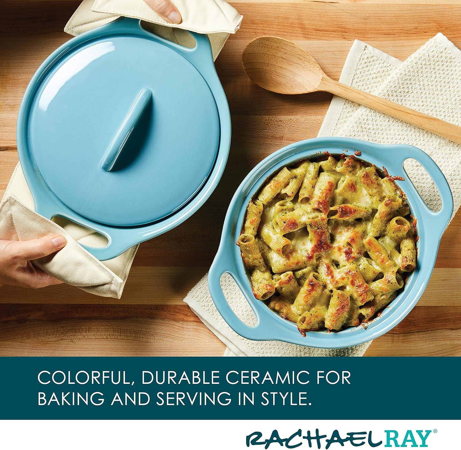 Rachael Ray Solid Glaze Ceramic 3pk Round Casserole Set with Shared Lid Agave Blue: Bakeware with Lid, Even-Heating