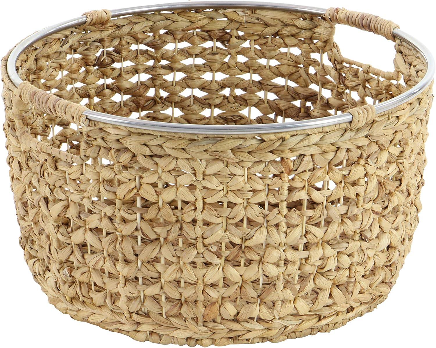 Polished Seagrass Round Storage Basket with Metal Handles