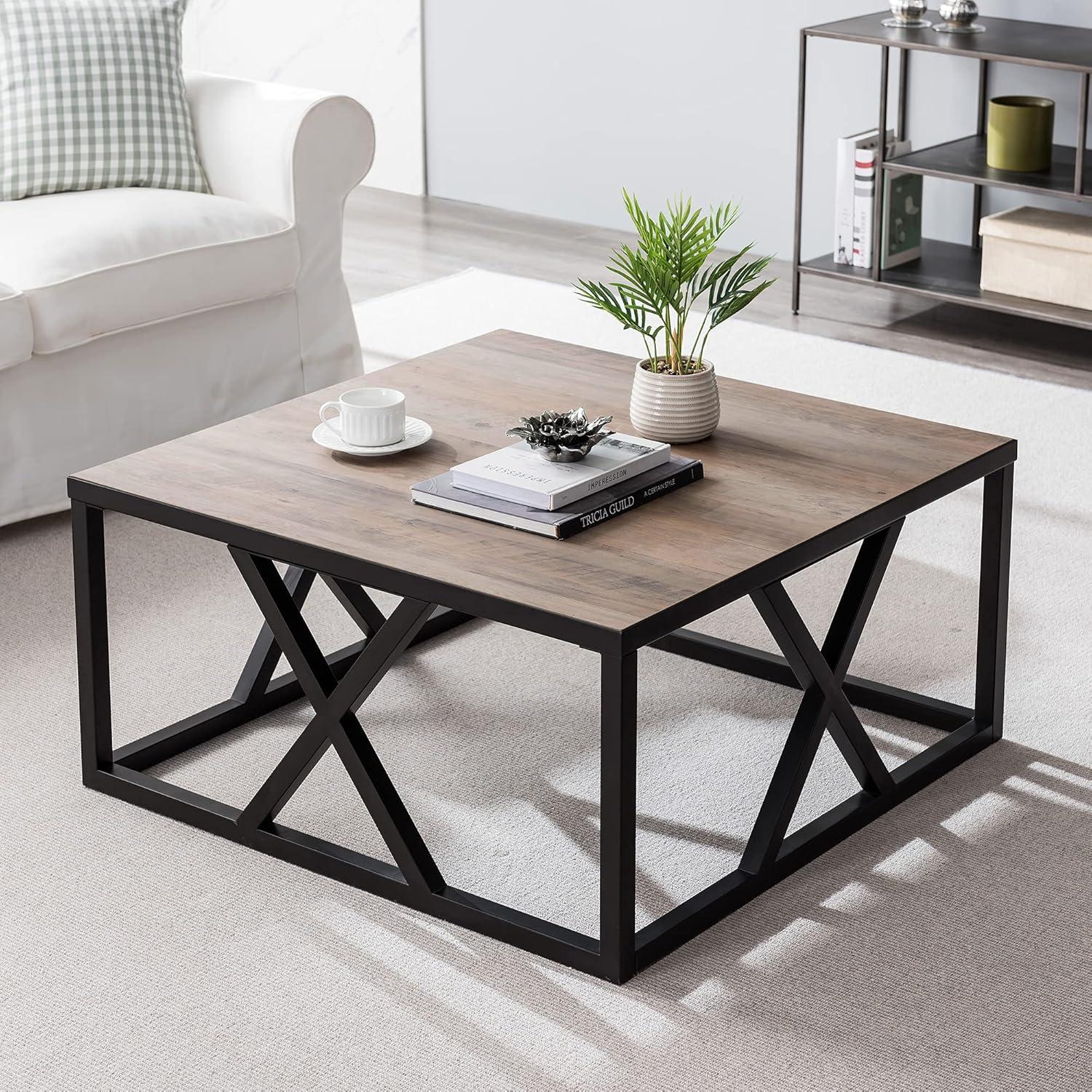 Henn&Hart Traditional Square Geometric Metal Coffee Table with Gray Oak Wood Top