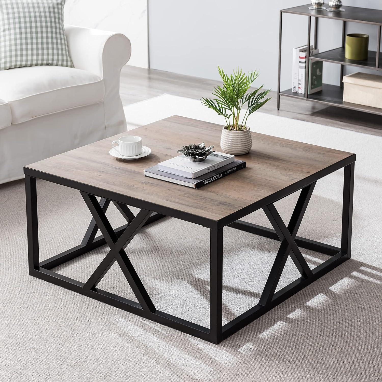 Evelyn&Zoe Jedrek 35" Wide Square Coffee Table, Blackened Bronze/Rustic Oak