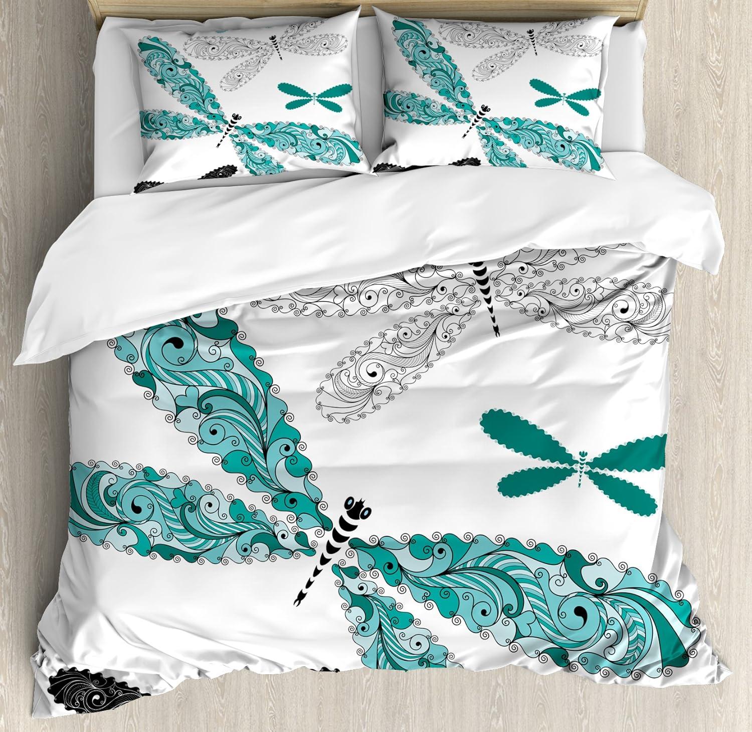 Teal Turquoise Black Dragonfly Queen Duvet Cover Set