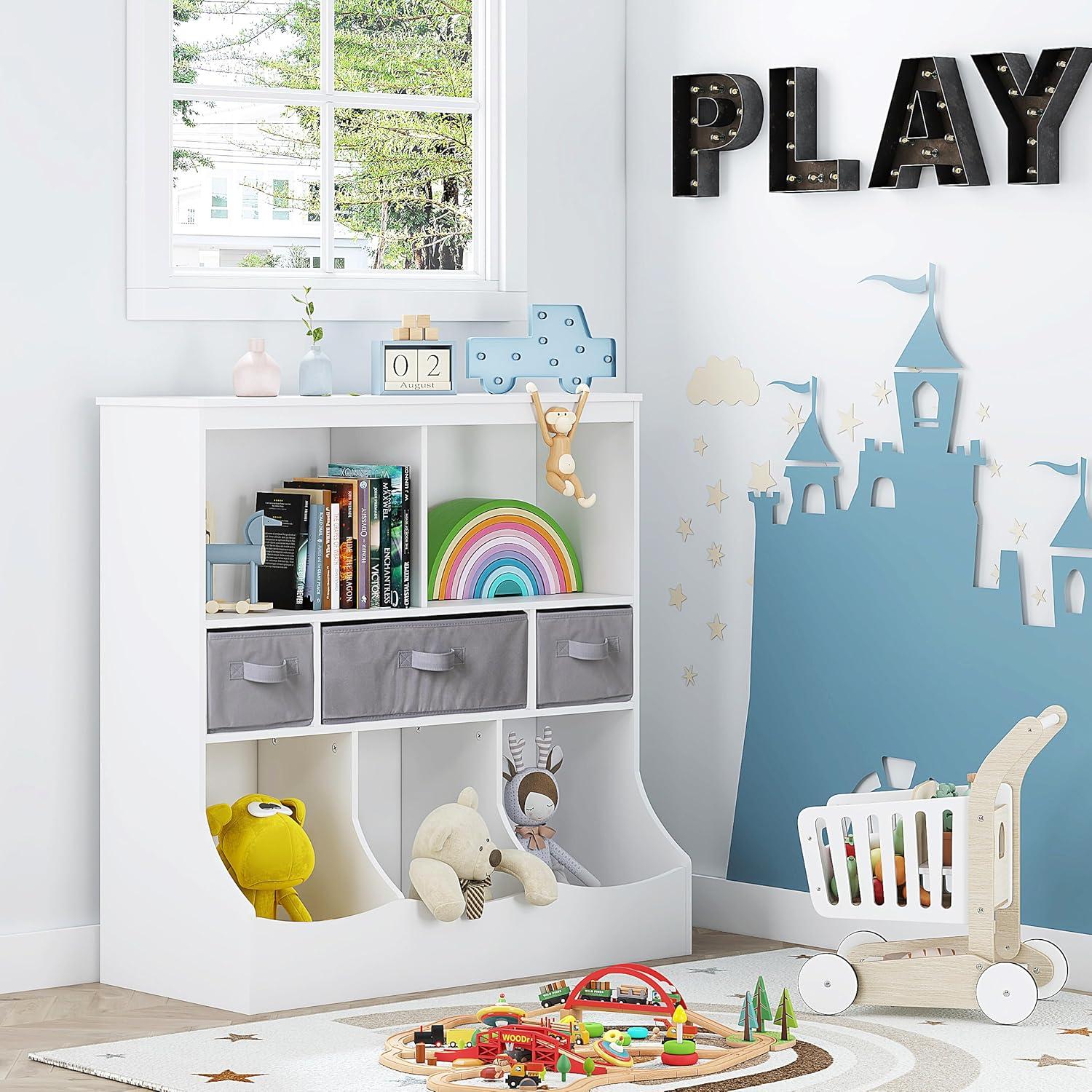 UTEX Toy Storage Organizer with Bookcase, Kids Bin Storage Unit with 8 Compartments and 3 Baskets, Toys Box, Multi Shelf Cubby for Books, Toys,White