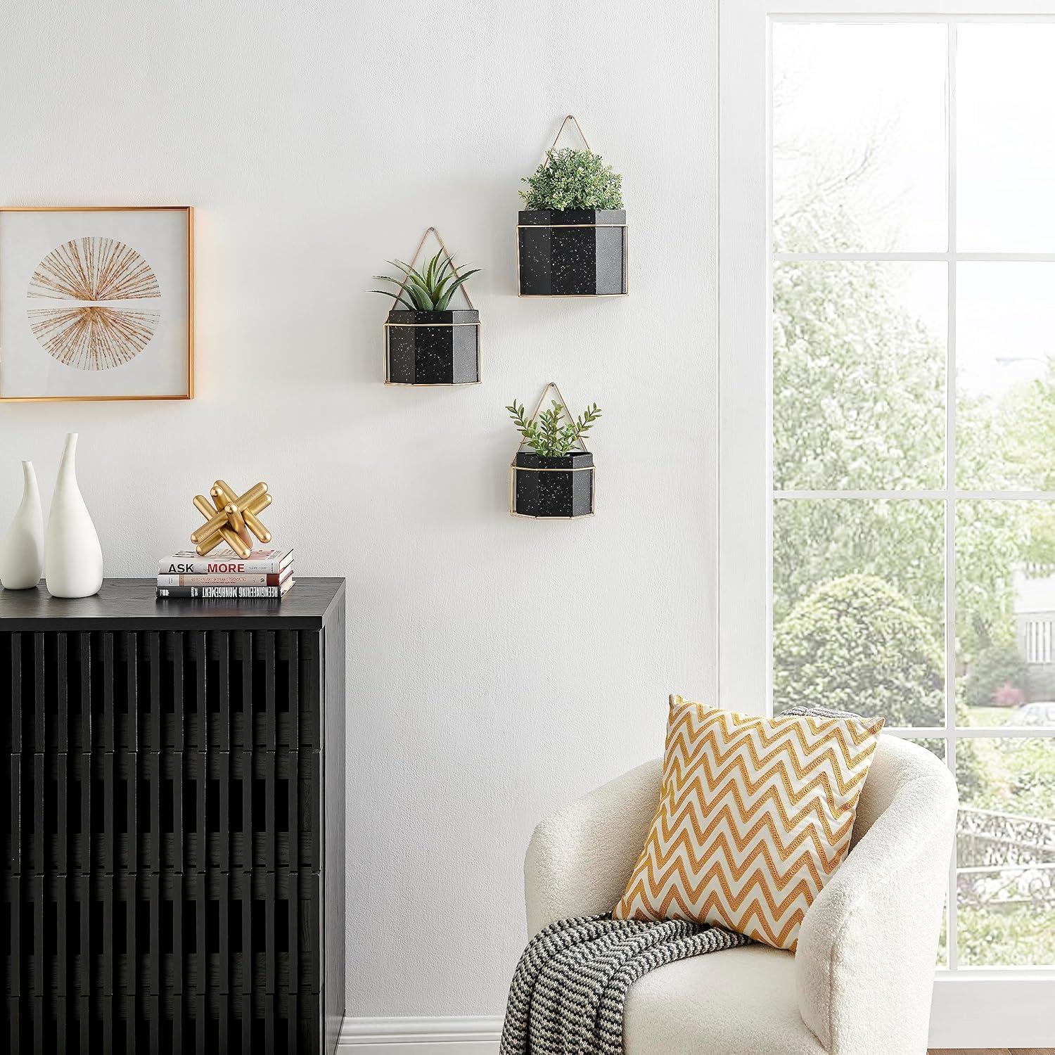 3 Piece Modern Geometric Metal Wall Planters Black/Gold - Danya B.: Indoor/Outdoor, No Assembly Required, Includes Hanging Hardware