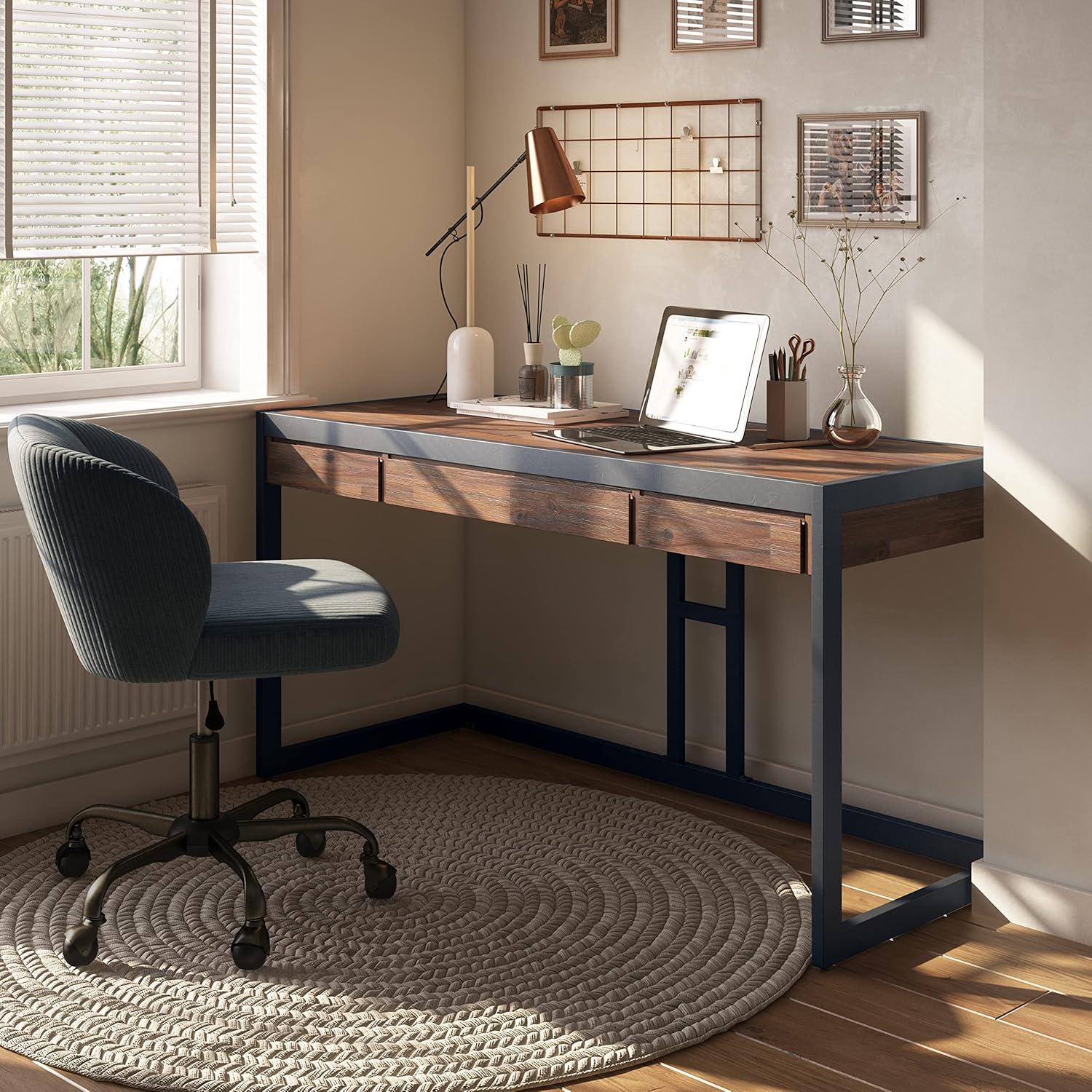 Distressed Charcoal Brown Acacia Wood Industrial Desk with Drawers