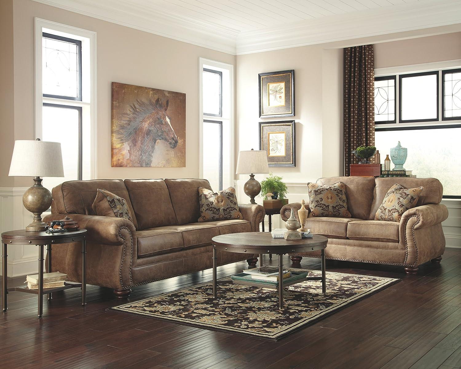 Traditional Brown Leather Sofa with Rolled Arms and Nailhead Trim