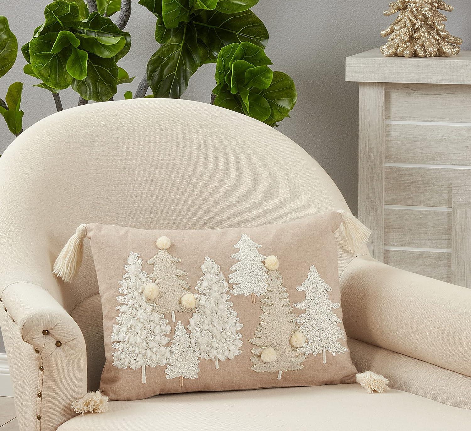 Saro Lifestyle Embroidered Trees  Decorative Pillow Cover, Natural, 14"x20"