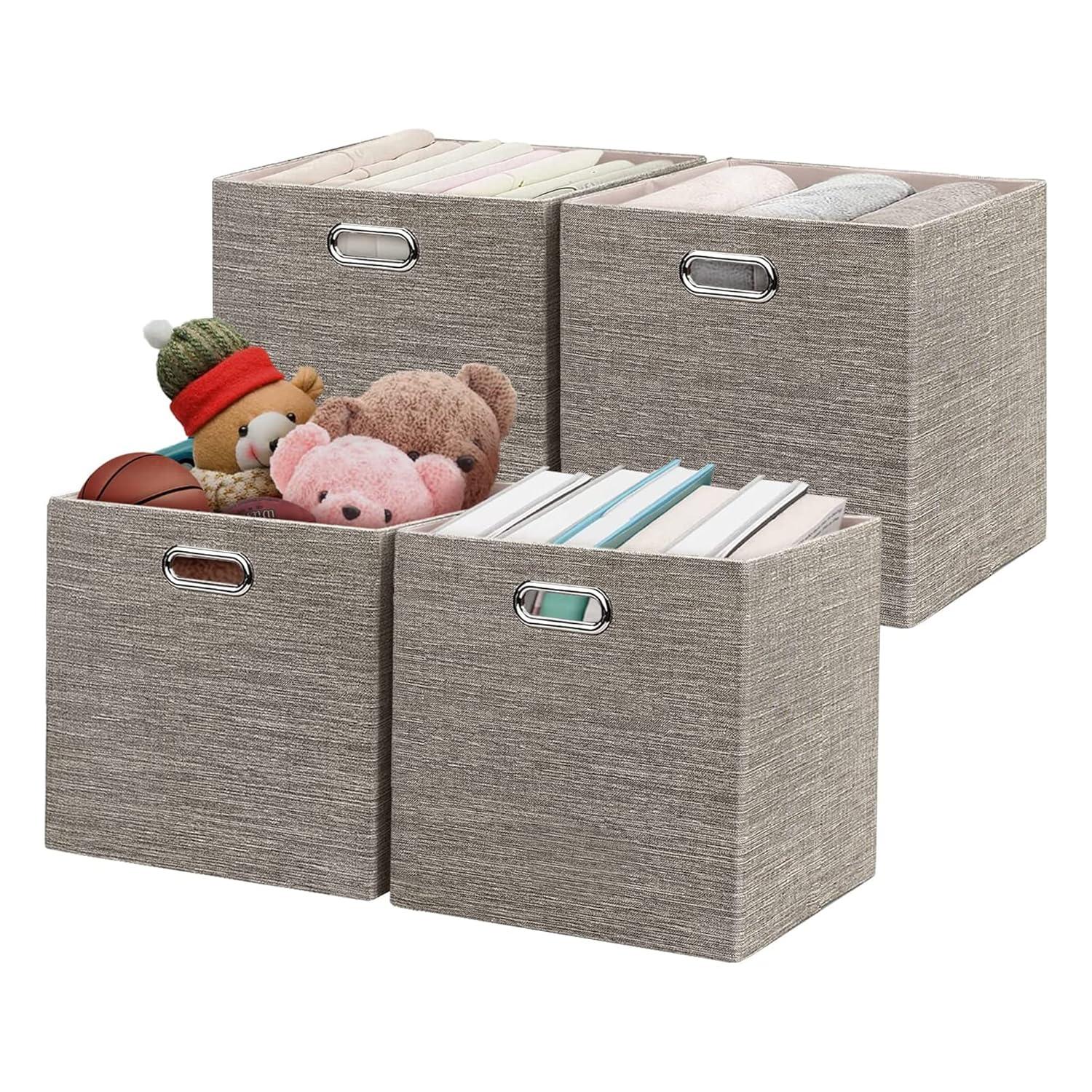 Posprica 3X Thicker Fabric Storage Cubes 13 inch Collapsible Storage Bins for Organization, Cubby Storage Baskets for Organizing Shelf Cabinet Bookcase Boxes, Set of 4, Coffee