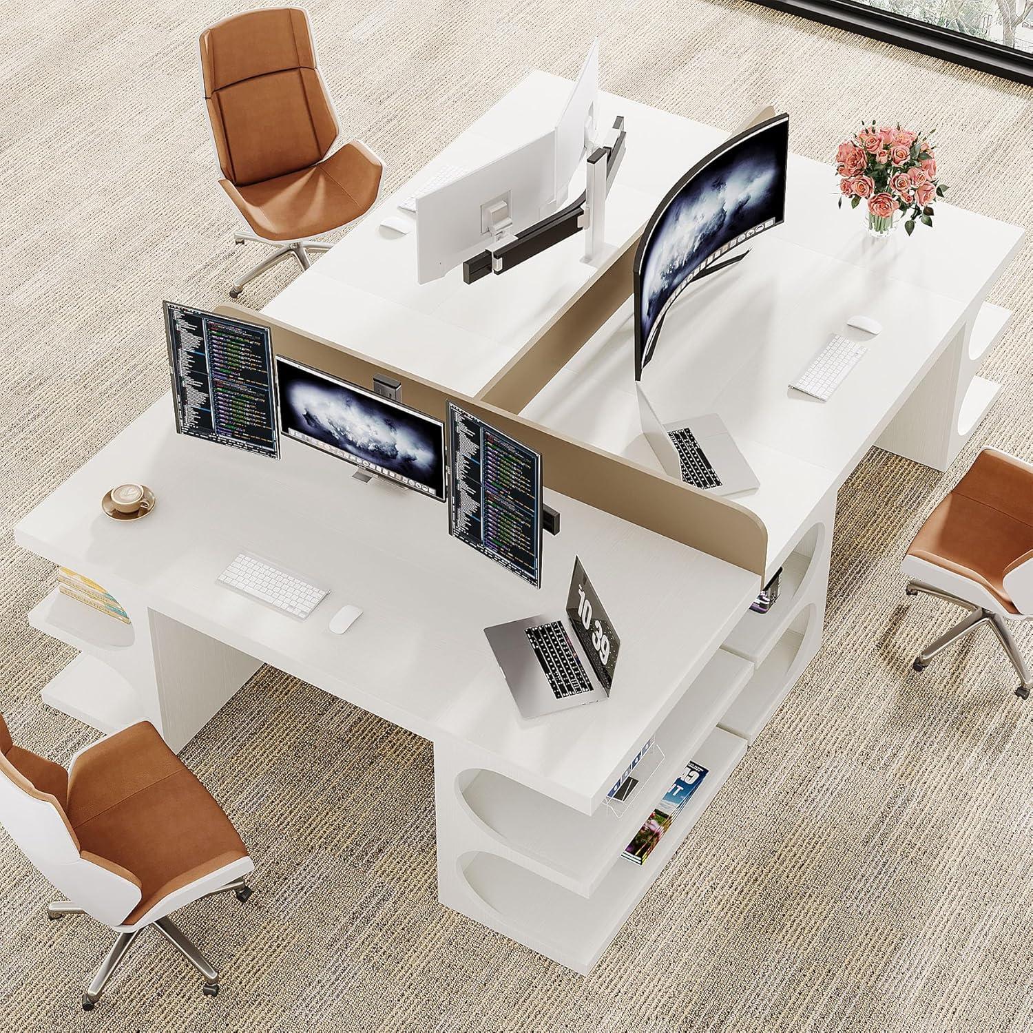 Ivy Bronx 62" White Computer Desk For Home Office, Modern Executive Office Desk with  Storage Shelves
