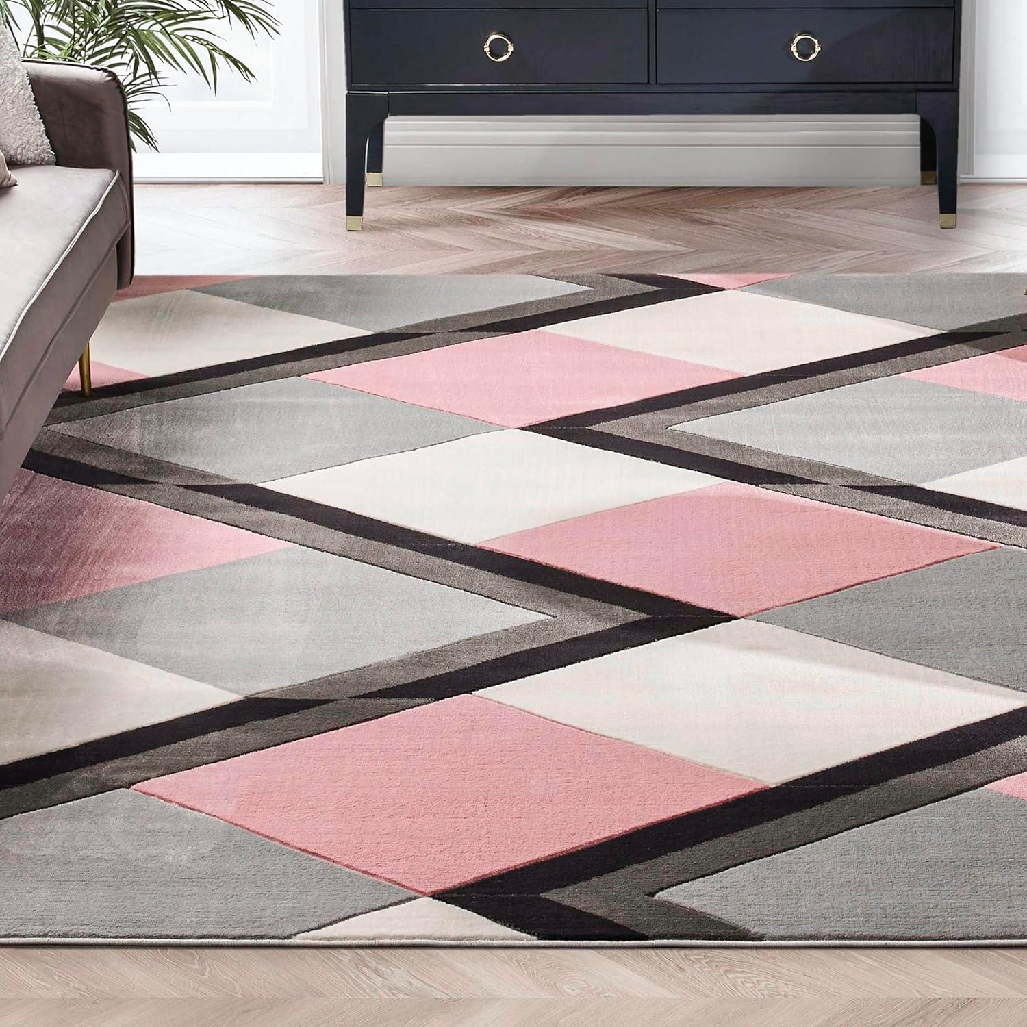 Well Woven Naya Blush Pink Modern Geometric Diamond Boxes Pattern Area Rug 5x7 (5'3" x 7'3")