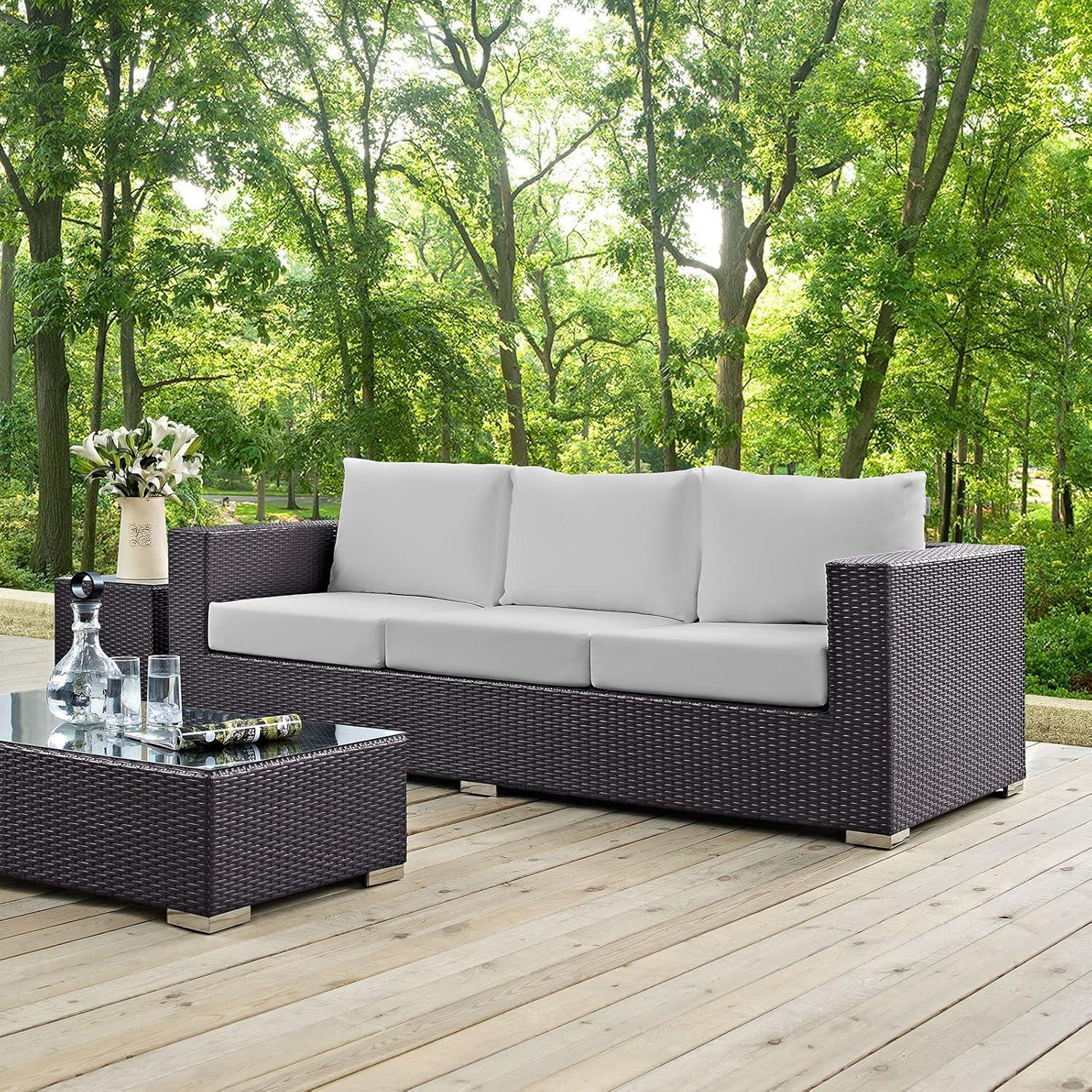 Espresso White Wicker Rattan Three-Seat Outdoor Sectional Sofa