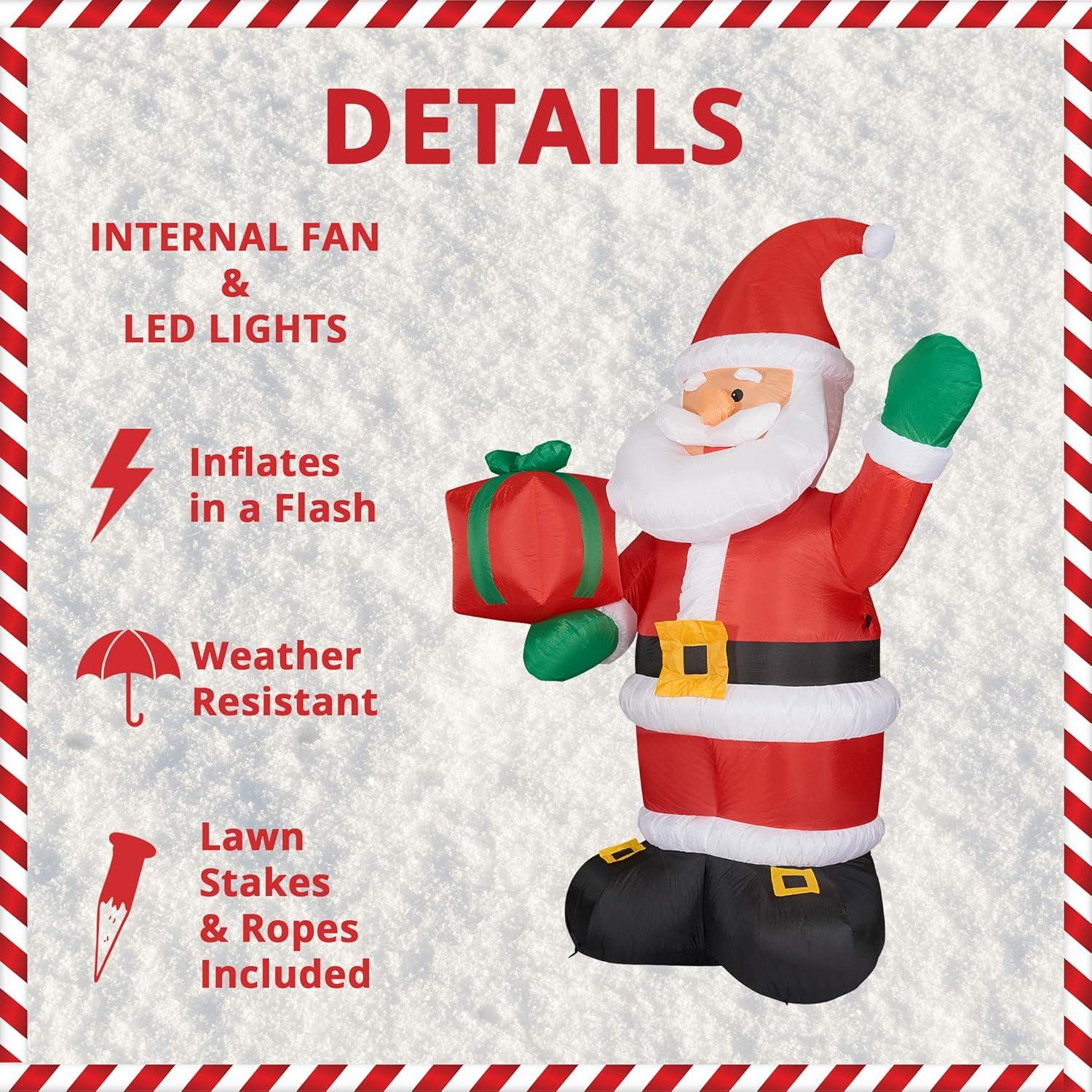 Fraser Hill Farm 10-Ft. Tall Pre-Lit Christmas Inflatable | Santa Claus Holding Gift with Lights and Storage Bag | Outdoor Holiday Blow-Up Festive Celebration Party Decor | FHFSANTA102-L