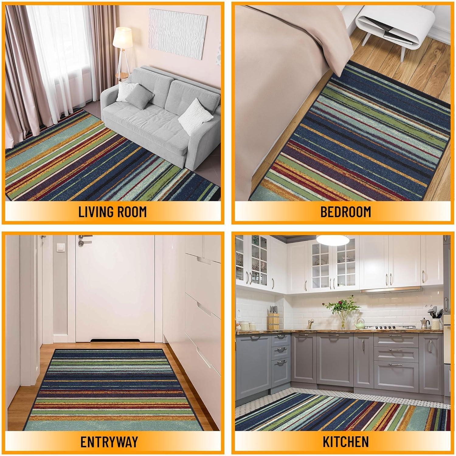 Machine Washable Non-Slip Vintage Striped Area Rug For Living Room, Hallway Runner, Entryway Rug