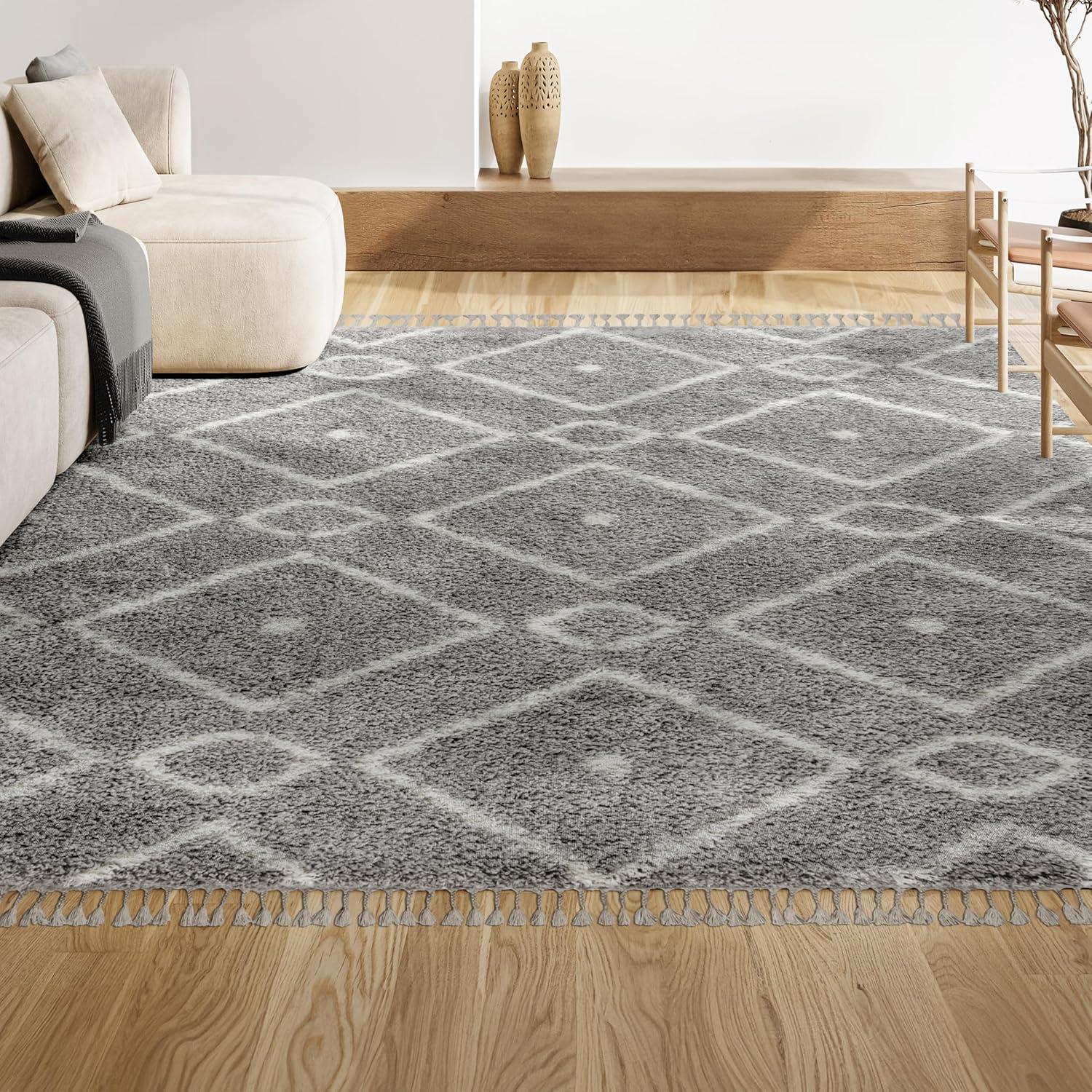 5'x8' Mercer Shag Plush Tassel Moroccan Diamond Area Rug, Grey/Cream - JONATHAN Y