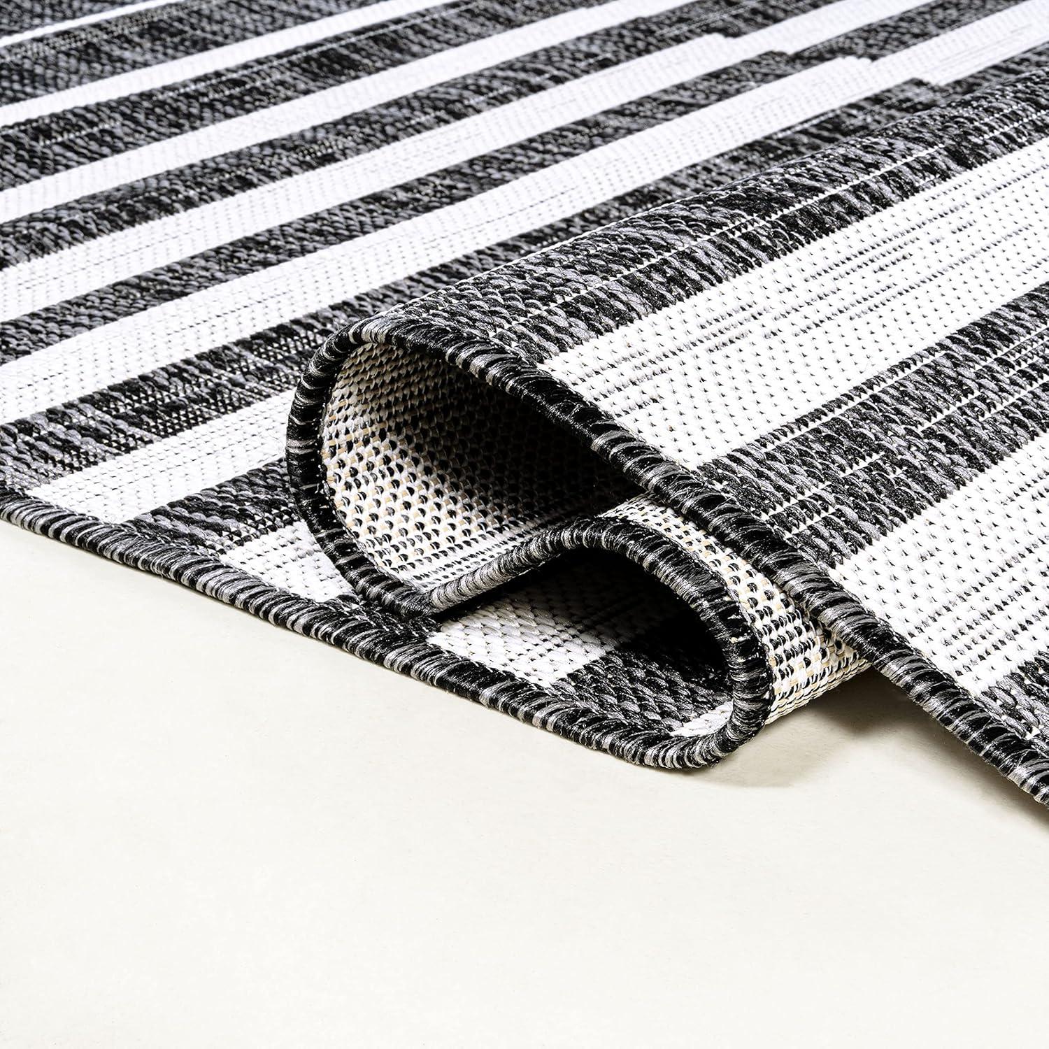 2'x8' Sukie Modern Offset Stripe Indoor/Outdoor Runner Rug, Black/Ivory - JONATHAN Y