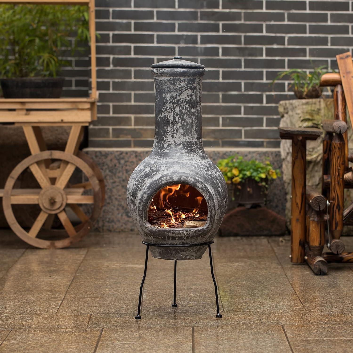 Outdoor Clay Chiminea Outdoor Fireplace Scribbled Design Charcoal Burning Fire Pit with Sturdy Metal Stand