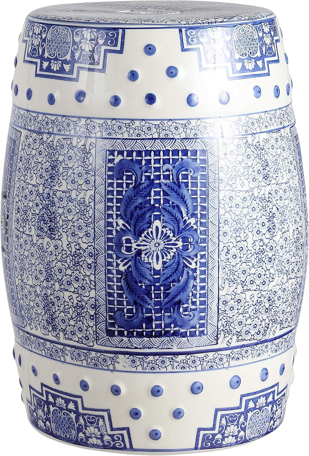 JONATHAN Y Acanthus 17.8" Chinoiserie Ceramic Drum Garden Stool, Blue/White