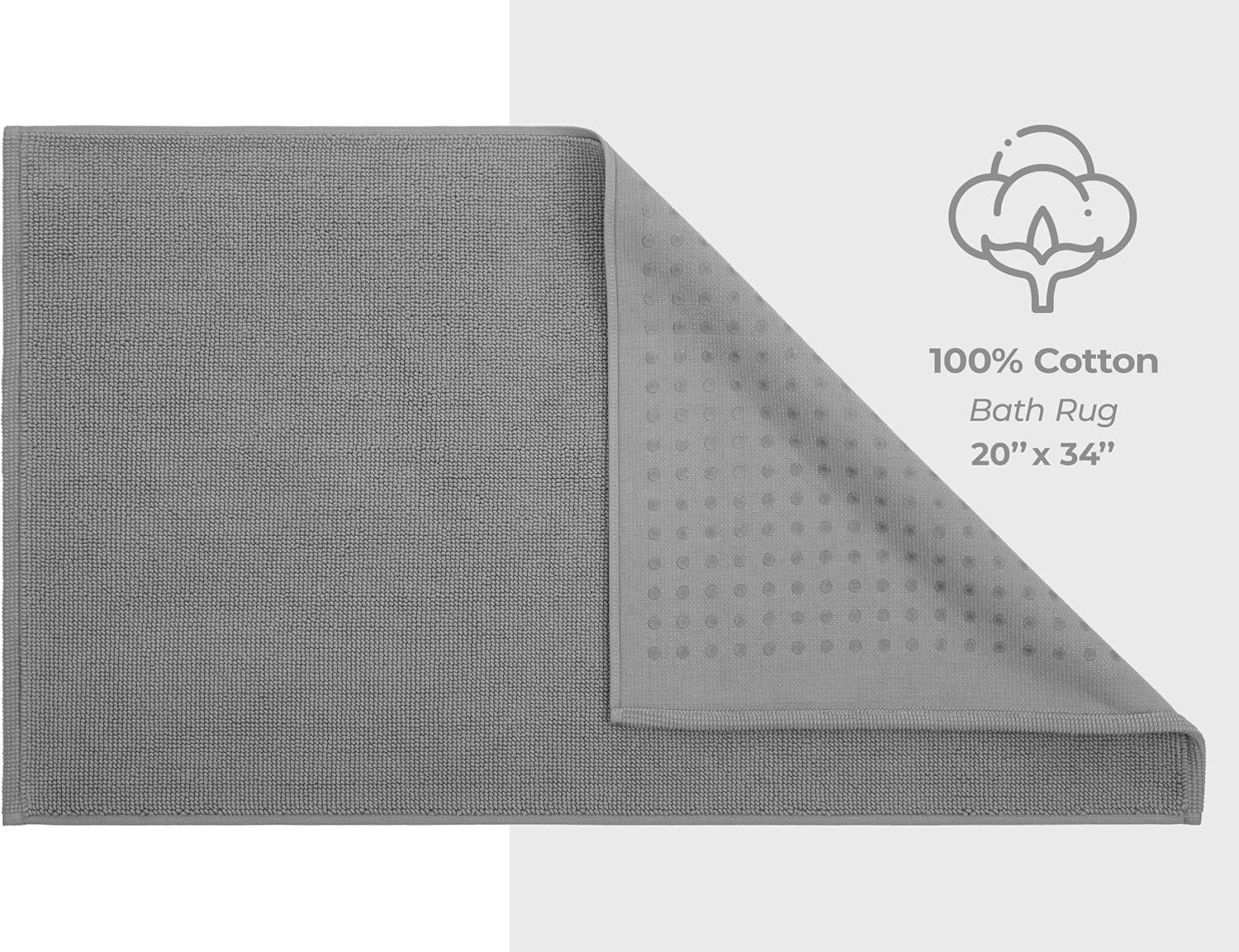 American Soft Linen 100% Cotton Bath Mat Rugs, 20x34 inches Slip Resistant Bottom Base Bath Mats for Bathroom, Rockridge Grey