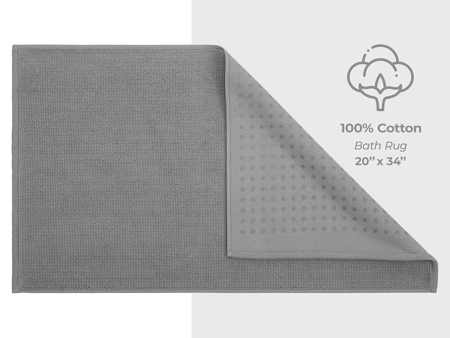 American Soft Linen 100% Cotton Bath Mat Rugs, 20x34 inches Slip Resistant Bottom Base Bath Mats for Bathroom, Rockridge Grey