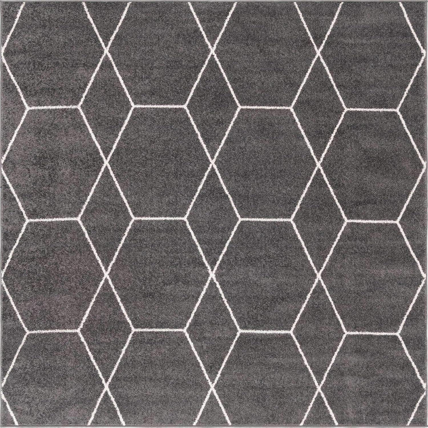 5' Square Dark Gray & Ivory Geometric Synthetic Area Rug