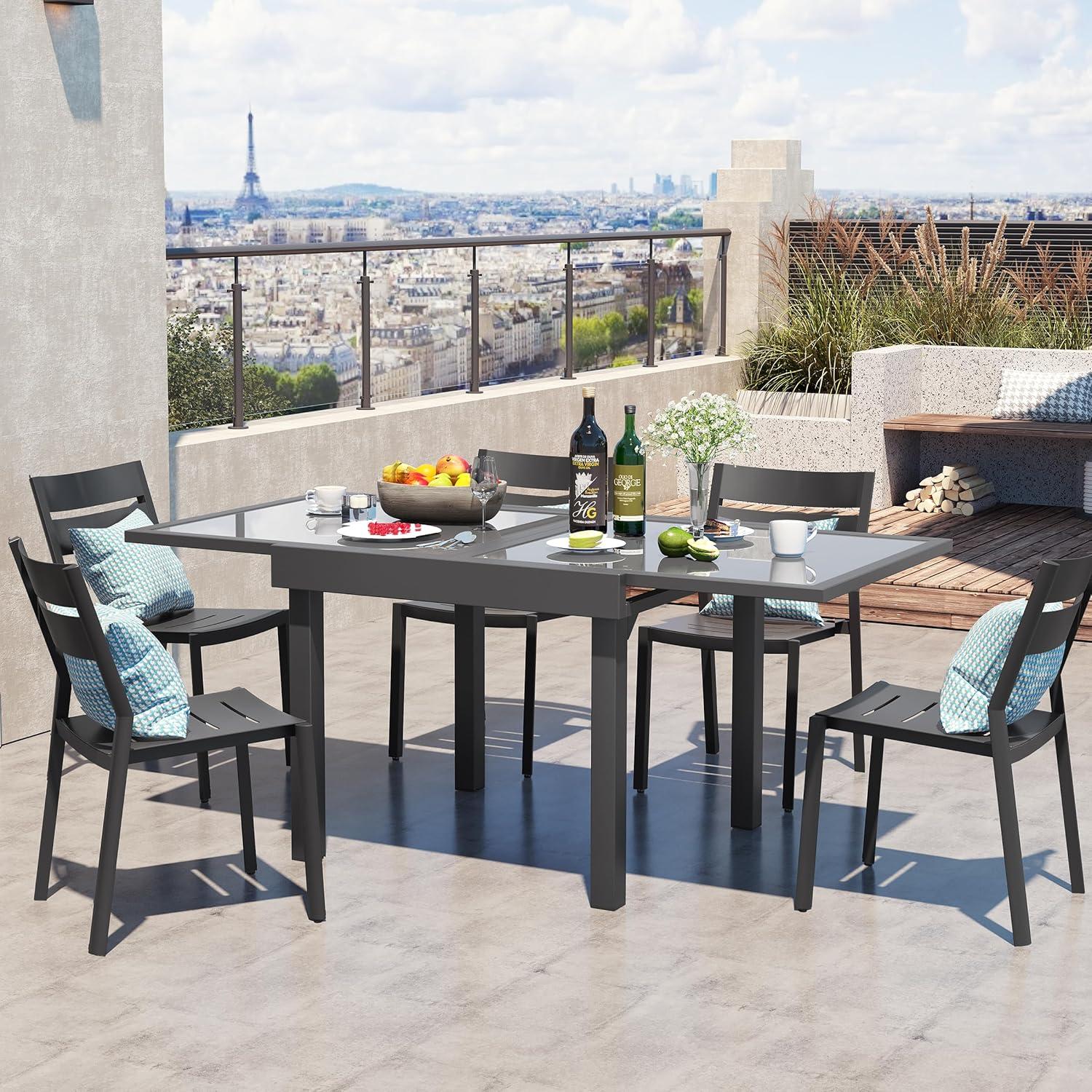 Modern Aluminum Outdoor Dining Table - Expandable Patio Glass Dining Table for 6-8, Extendable Aluminum Patio Extender Table 35" to 70" for Backyard, Porch, Deck, Garden, Tempered Glass Gray