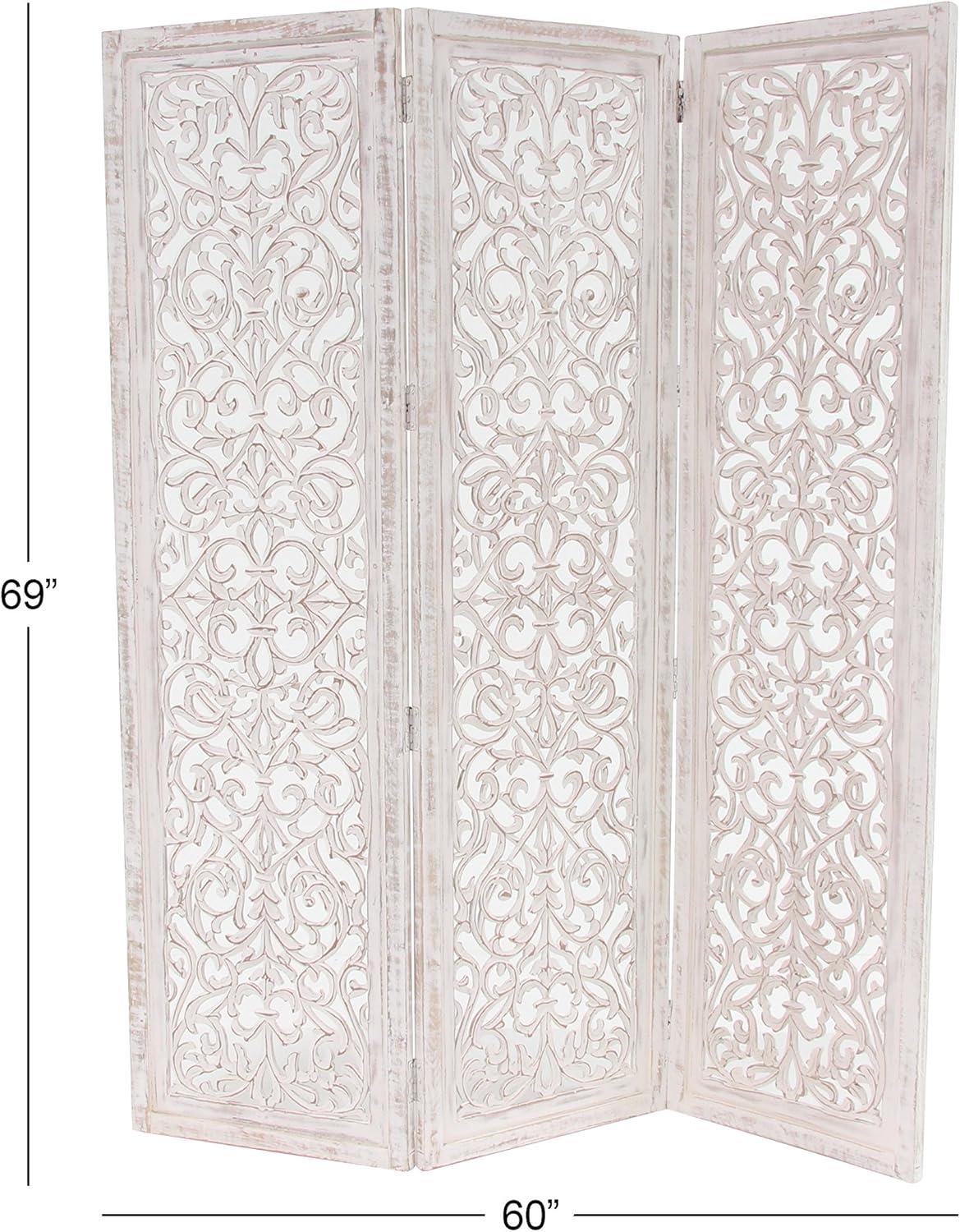 DecMode 60" x 69" White Wood Floral Handmade Hinged Foldable Partition 3 Panel Room Divider Screen with Intricate Carved Design, 1-Piece