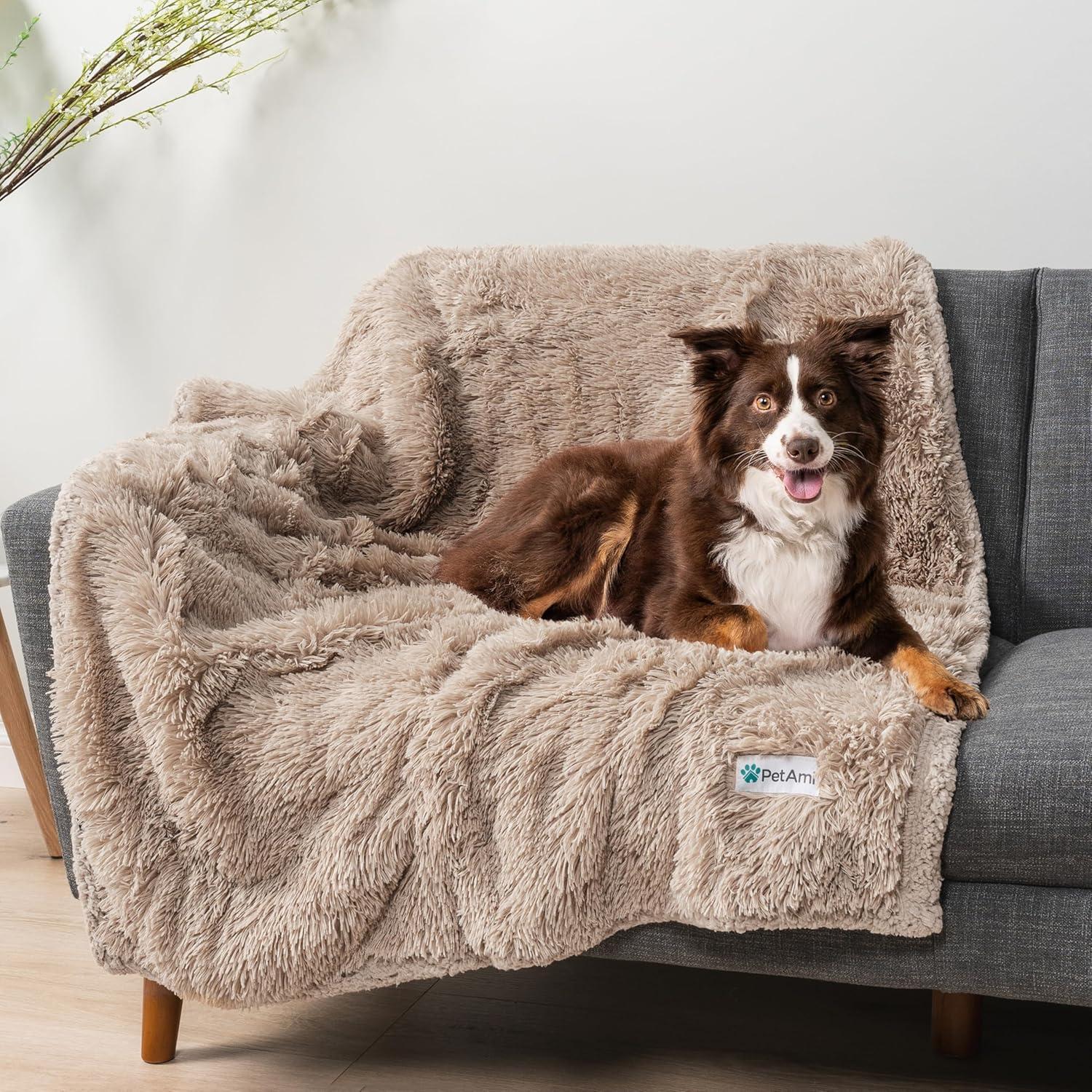 PetAmi WATERPROOF Dog Blanket For Bed XL Dog Pet Blanket Couch Cover Protector, Sherpa Fleece Fuzzy Leakproof Blanket for Sofa Furniture Queen Bed Protection Reversible Soft Fluffy, 90x90 Taupe