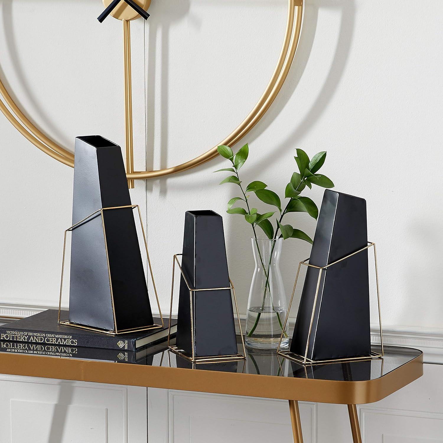 DecMode 10", 12", 14"H Black Metal Vase with Gold Wire Accents, Set of 3