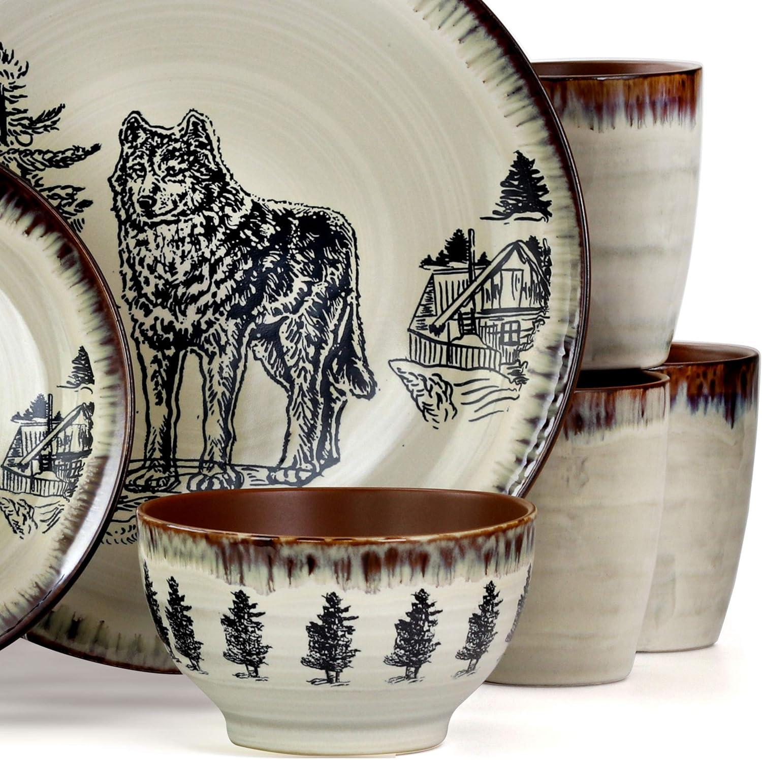 Elama Majestic Wolf 16 Piece Luxurious Stoneware Dinnerware with Complete Setting for 4