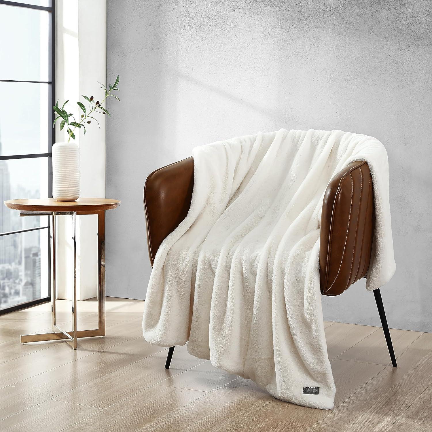Kenneth Cole Reaction Faux Fur Throw Blanket Faux Fur (Solid -White)-50" X 60"
