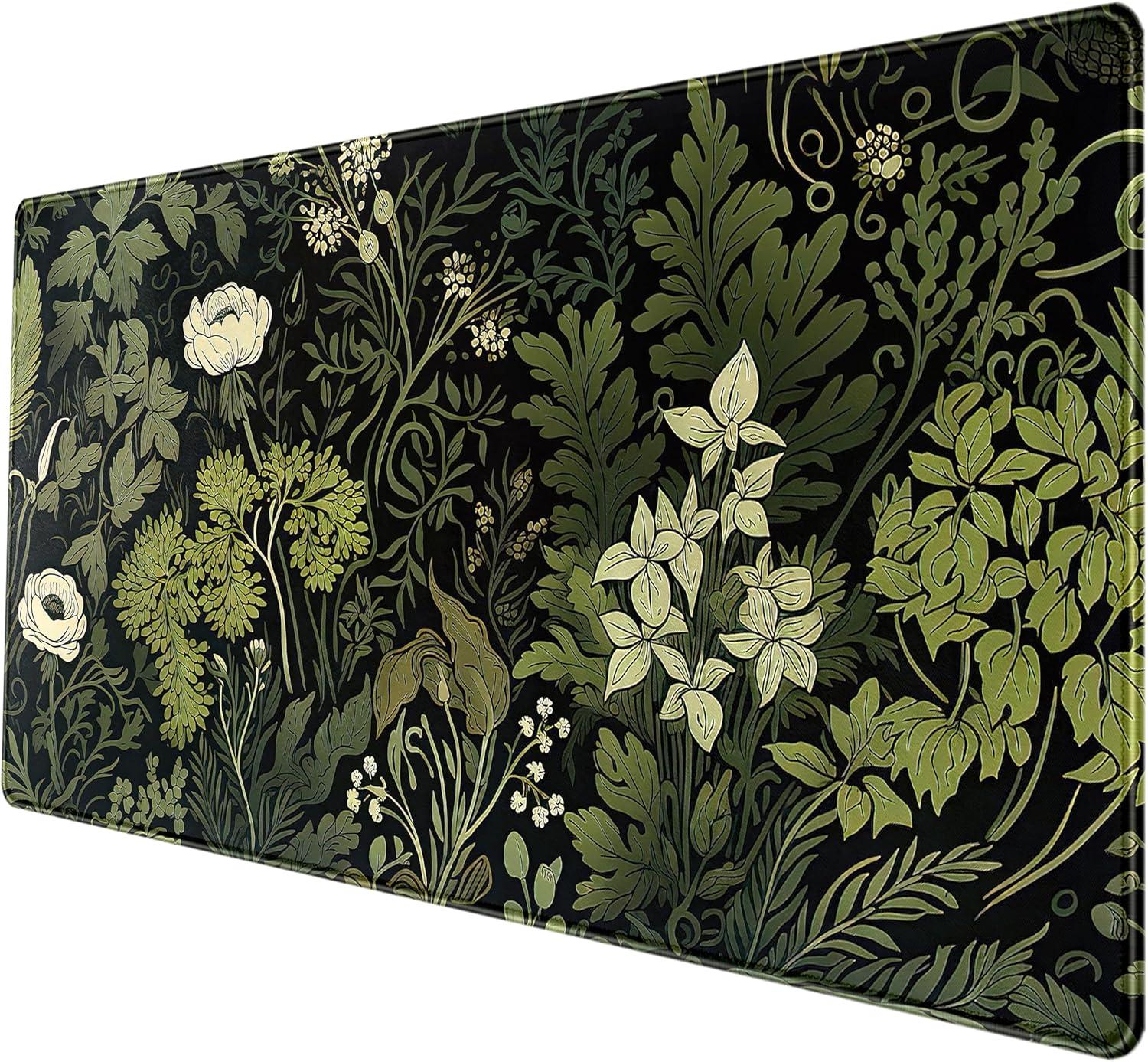 Green Leaves Beige Plants Pad, Large Extend Mouse Pad XXL, Freshness Foliage Keyboard Mat, Black Esthetics Desktop Mat Laptop Wireless Mouse Mat, Gift for Women 31.5"x15.75"