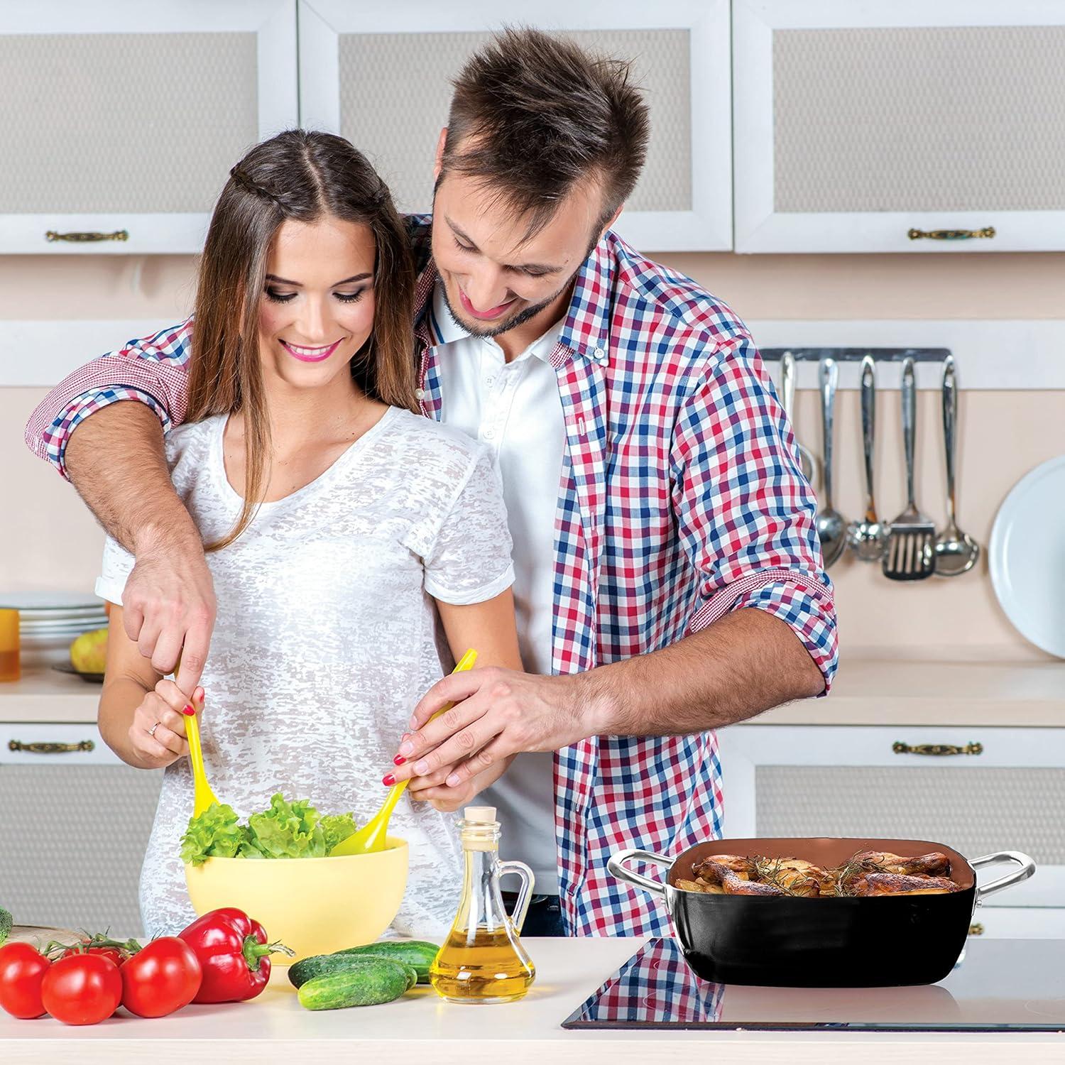 Moss & Stone Copper 5 Piece Set Chef Cookware, 9.5” Non Stick Pan, Deep Square Pan, Fry Basket, Steamer Tray, Dishwasher & Oven Safe, 5 Quart Copper Pot Set, Black Induction Cookware Set