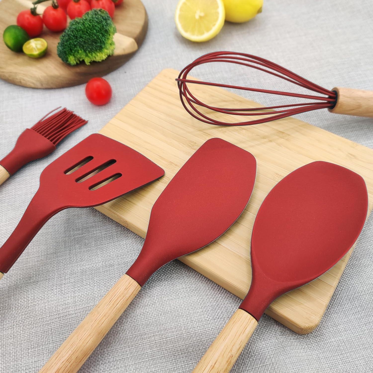 Silicone Kitchen Utensils, 12 Piece Non-Stick Heat Resistant Cookware Set with Wooden Utensil Handle, Black - Red