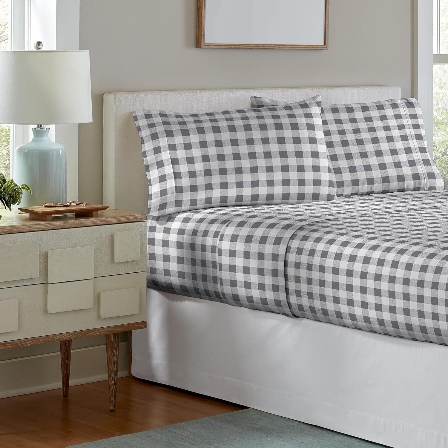 Pointehaven 180 GSM 100% Cotton Grey Checkerboard Printed Flannel Deep Pocket 4 pc Sheet Set, Full