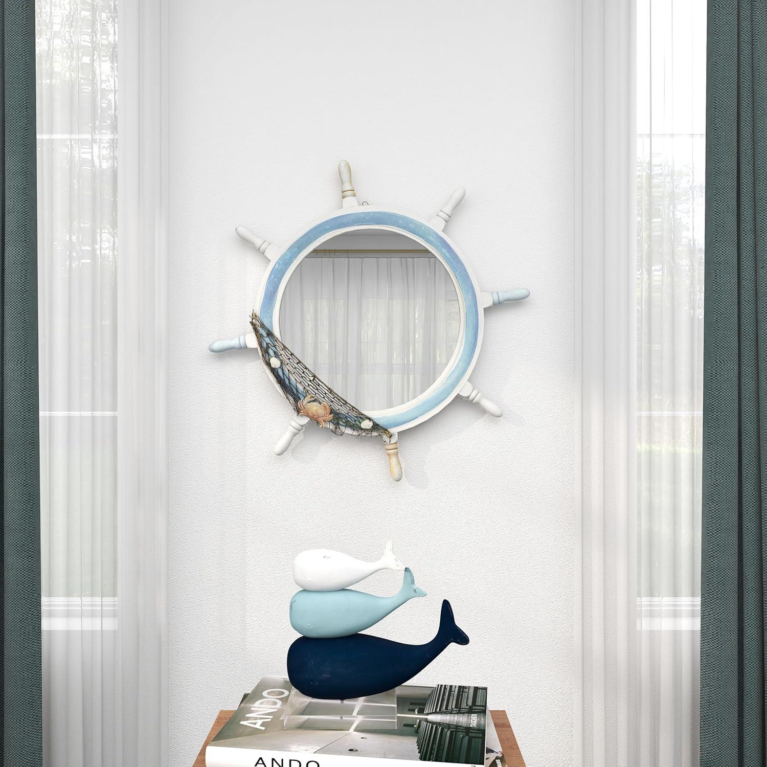 DecMode 25" x 25" White Ship Wheel Sail Boat Wall Mirror with Netting Accent