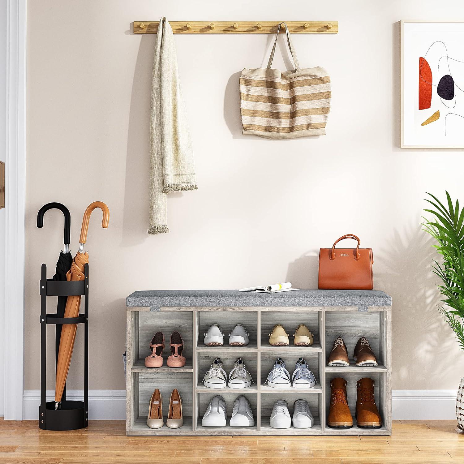 Gray Wood Shoe Storage Bench with Cushion and Adjustable Shelves