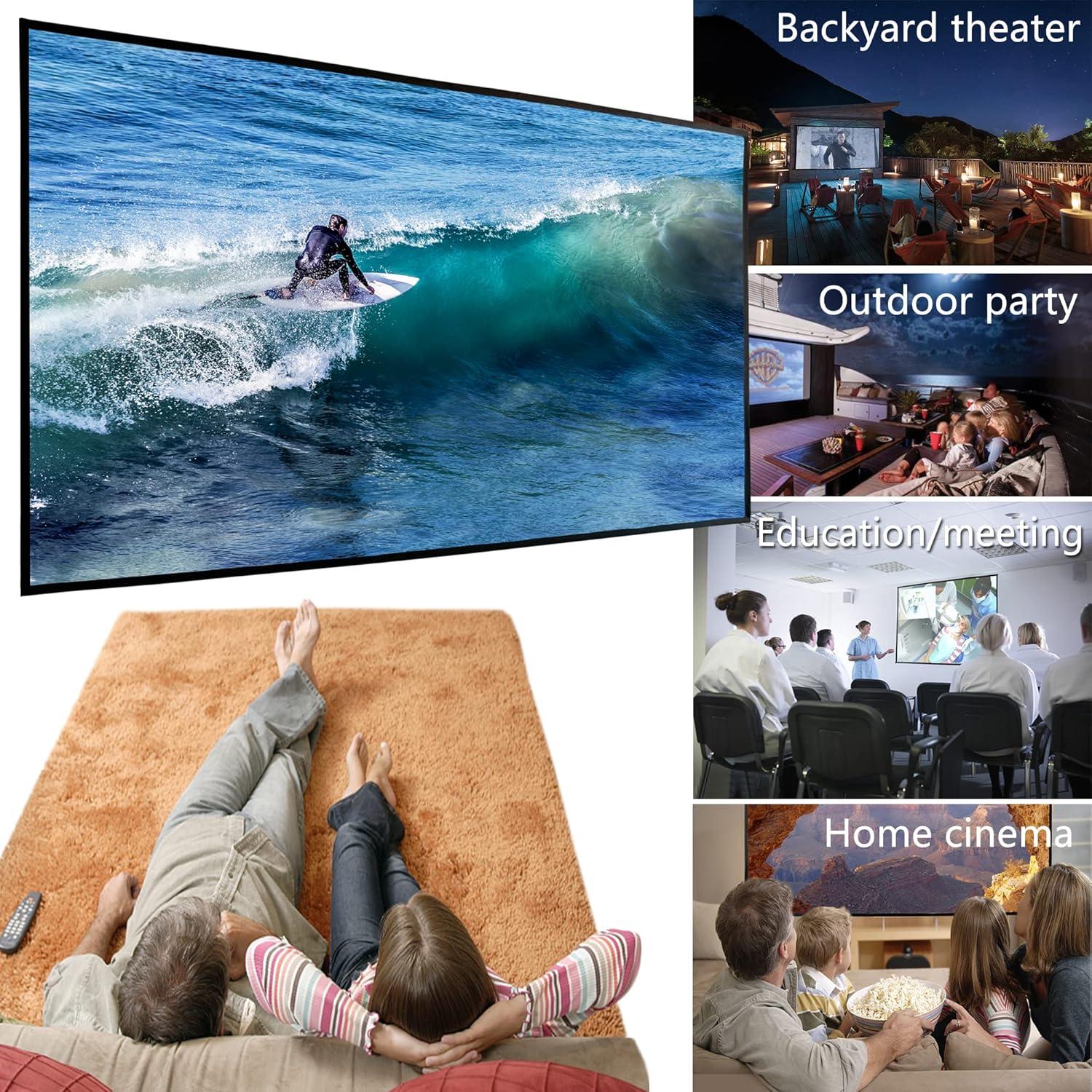 Foldable Projector Screen 120 inch with Lightweight Telescopic Pole Frame Wall Mounted Anti-Crease Black Backing Silver Portable Projection Screen