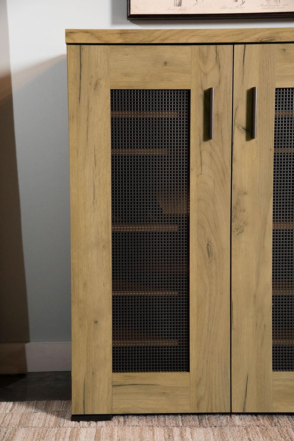 Golden Oak and Gunmetal Mesh Door Accent Cabinet