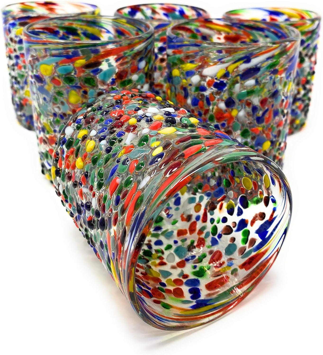 Dos Sueños Dos Suenos Hand Blown Mexican Drinking Glasses - Set of 6 Confetti Rock Tumbler Glasses (10 oz each)